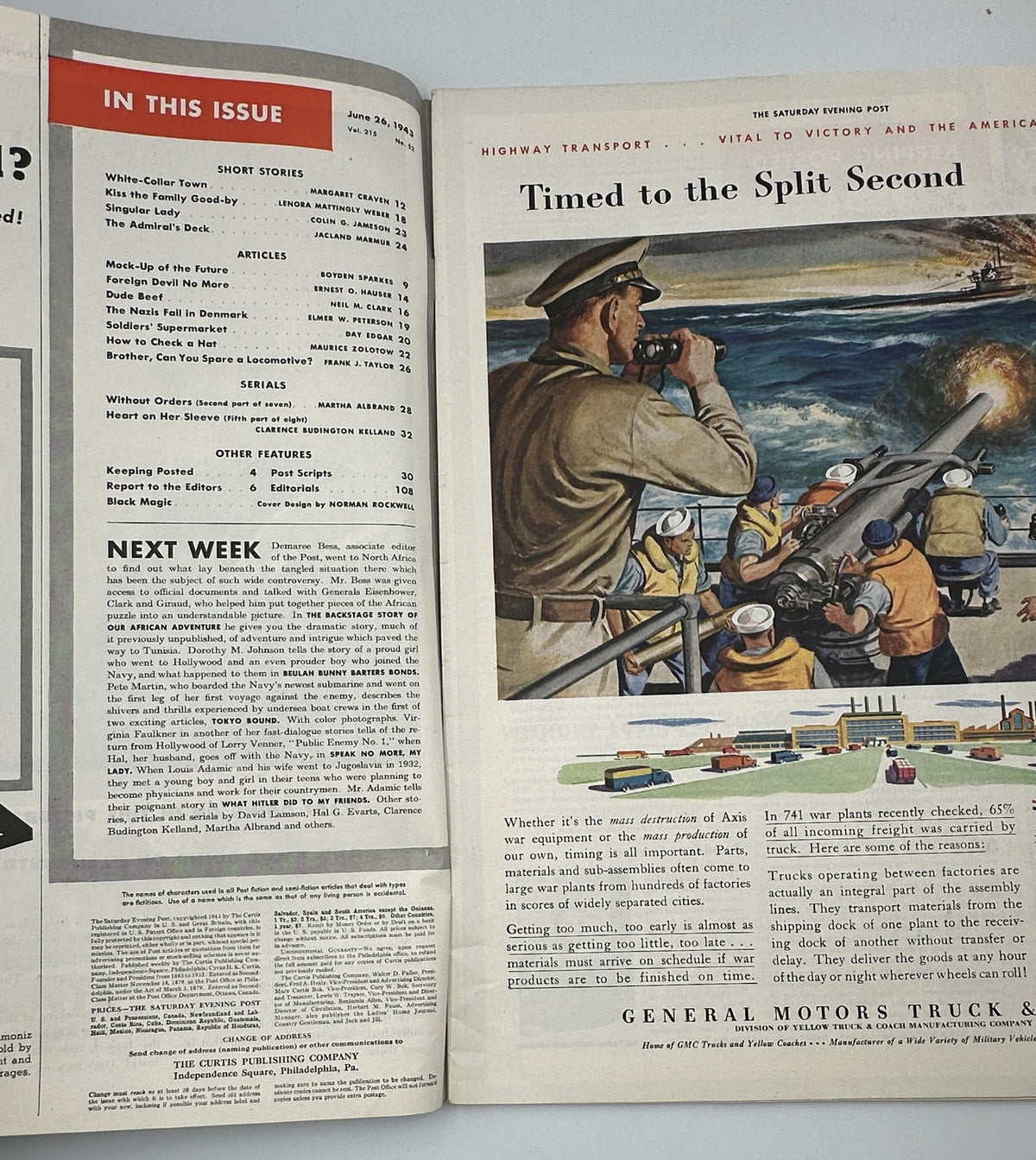 Inside spread of Saturday Evening Post Magazine June 26, 1943 showcasing articles and illustrations, emphasizing the magazine's focus on wartime experiences and societal reflections.