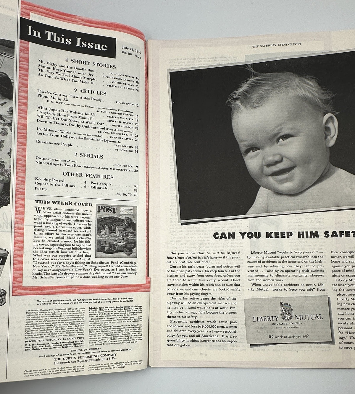 Inside spread of the Saturday Evening Post magazine from July 28, 1945, showcasing the Table of Contents and a vintage advertisement, highlighting short stories and articles including Edgar Snow's piece on Nazi alibis.