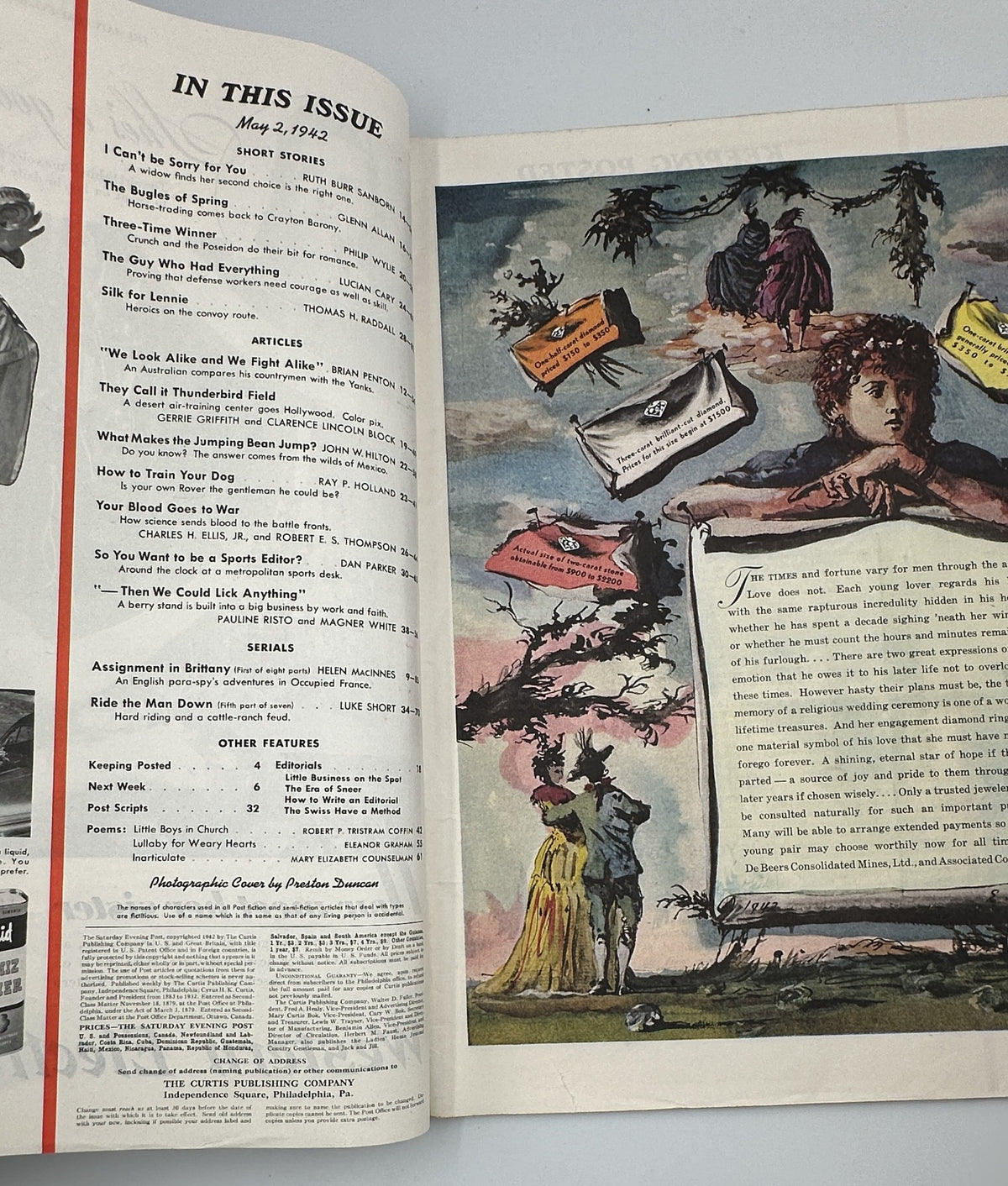 Interior page of The Saturday Evening Post magazine dated May 2, 1942, showcasing the Table of Contents, listing stories and articles including 'Assignment in Brittany' by Helen MacInnes.