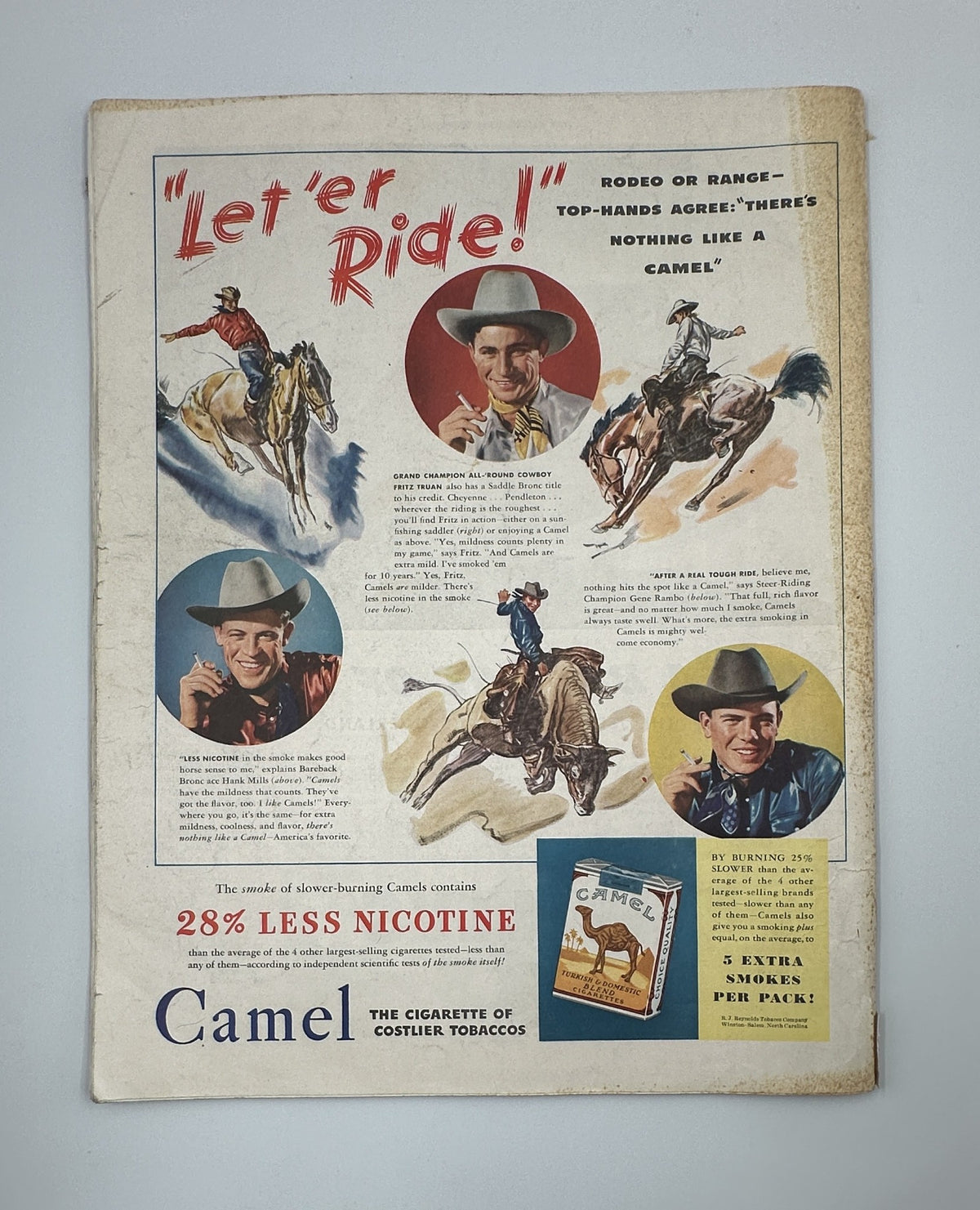 Back cover of The Saturday Evening Post magazine from May 2, 1942 advertising Camel cigarettes, featuring cowboys and the slogan 'Let 'er Ride!'.