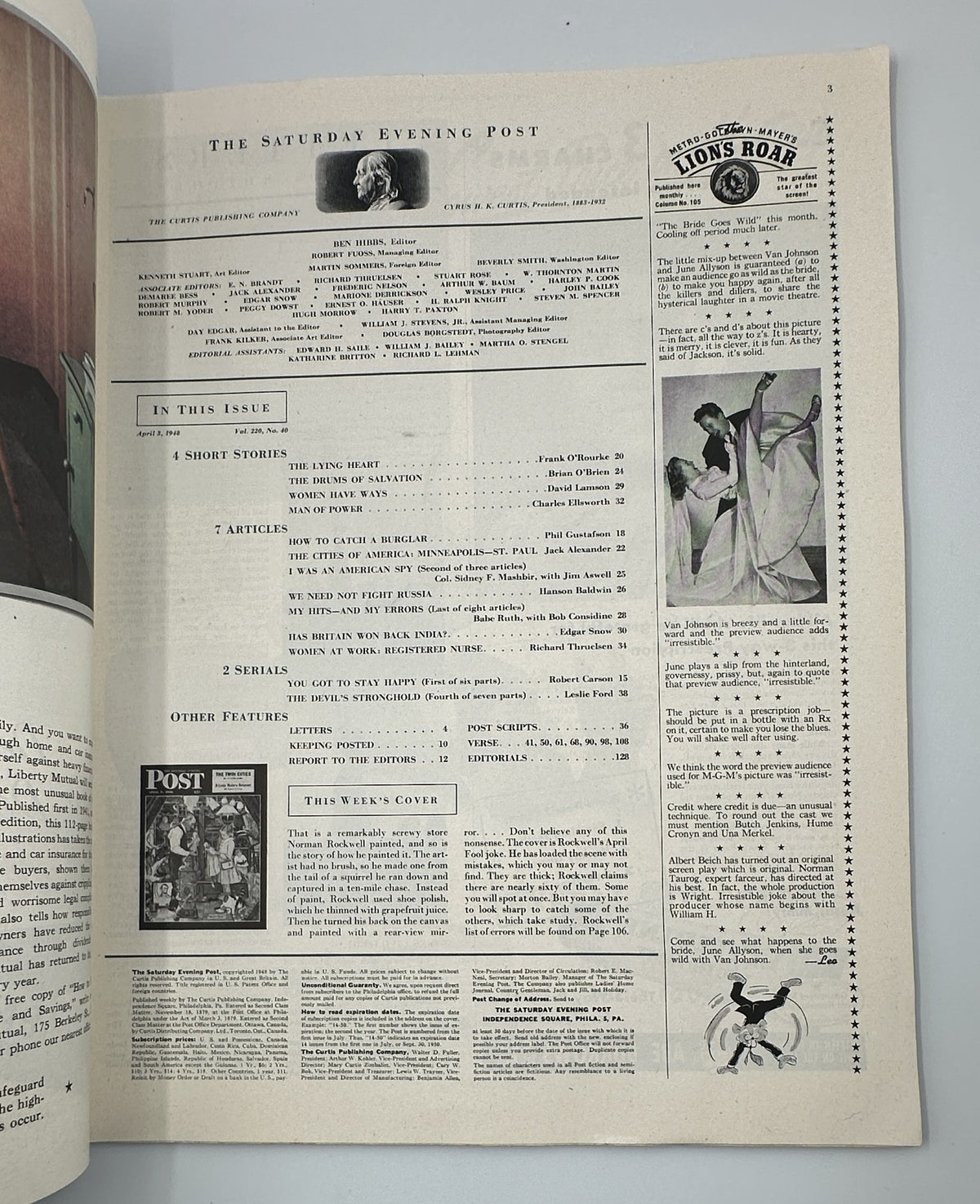 Inside page of Saturday Evening Post Magazine April 3, 1948 displaying the Table of Contents along with details on short stories and articles featured in the issue.