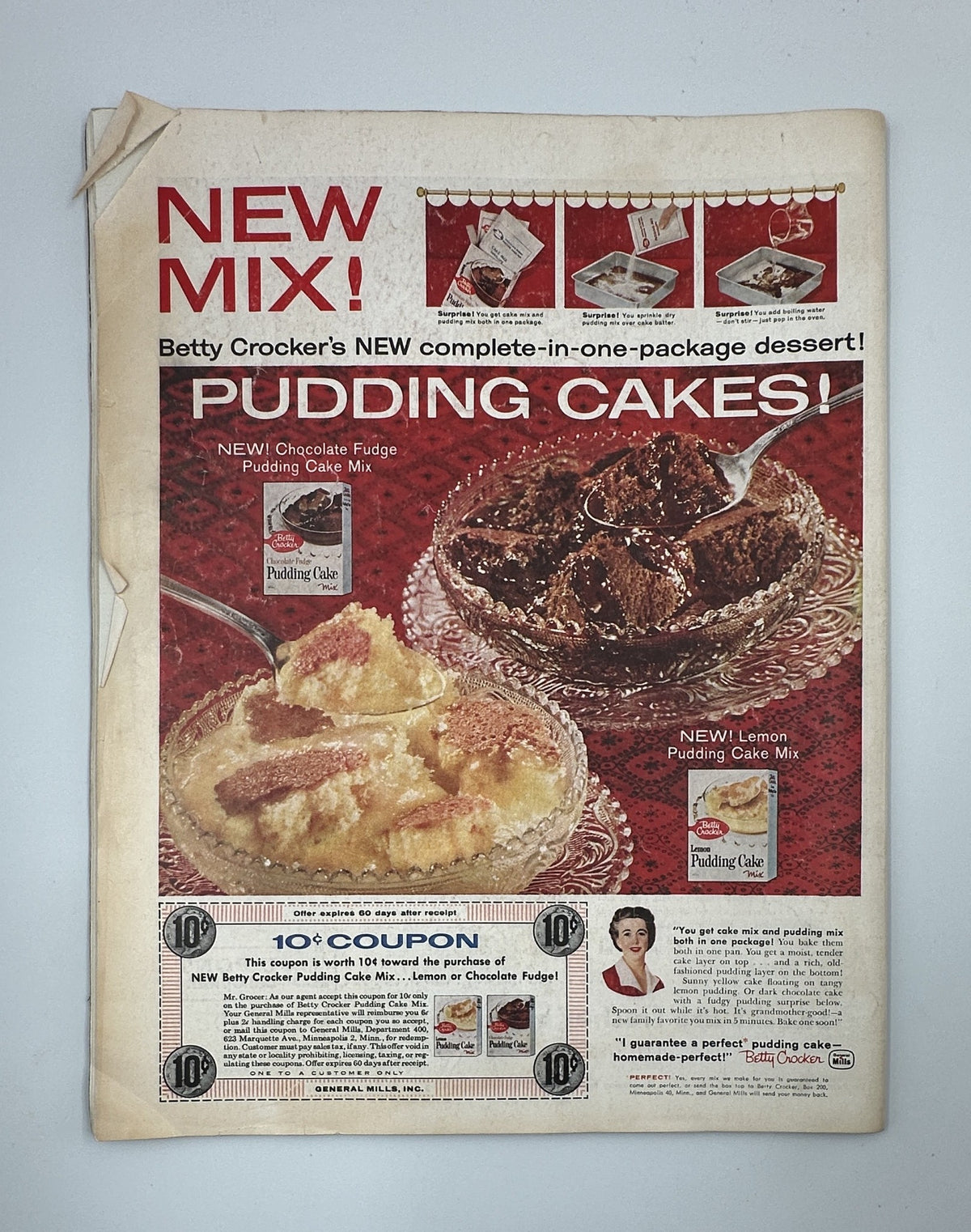 Advertisement for Betty Crocker's new Pudding Cakes with flavors such as Chocolate Fudge and Lemon, featured in the Saturday Evening Post magazine from November 15, 1958.
