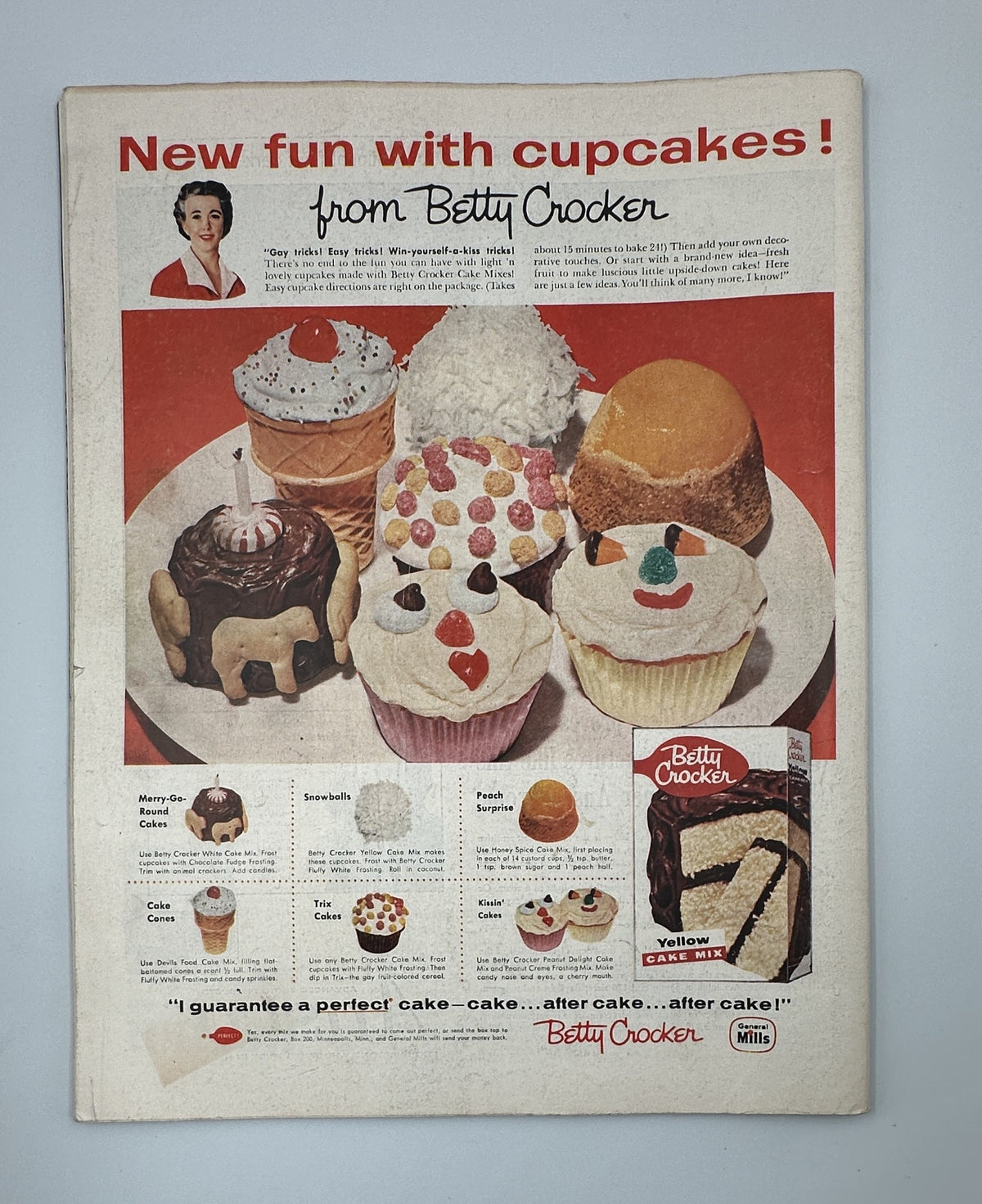 Cover page of the May 17, 1958 issue of Saturday Evening Post featuring a vibrant advertisement for Betty Crocker cupcakes, showcasing an assortment of creatively decorated cupcakes alongside a section featuring cake options.