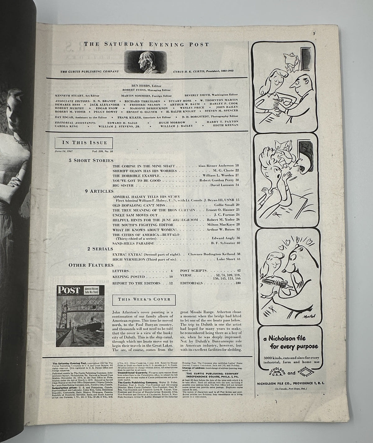 Inside page of the Saturday Evening Post Magazine June 14, 1947 displaying the Table of Contents, featuring 5 short stories and 9 articles including detailed discussions.