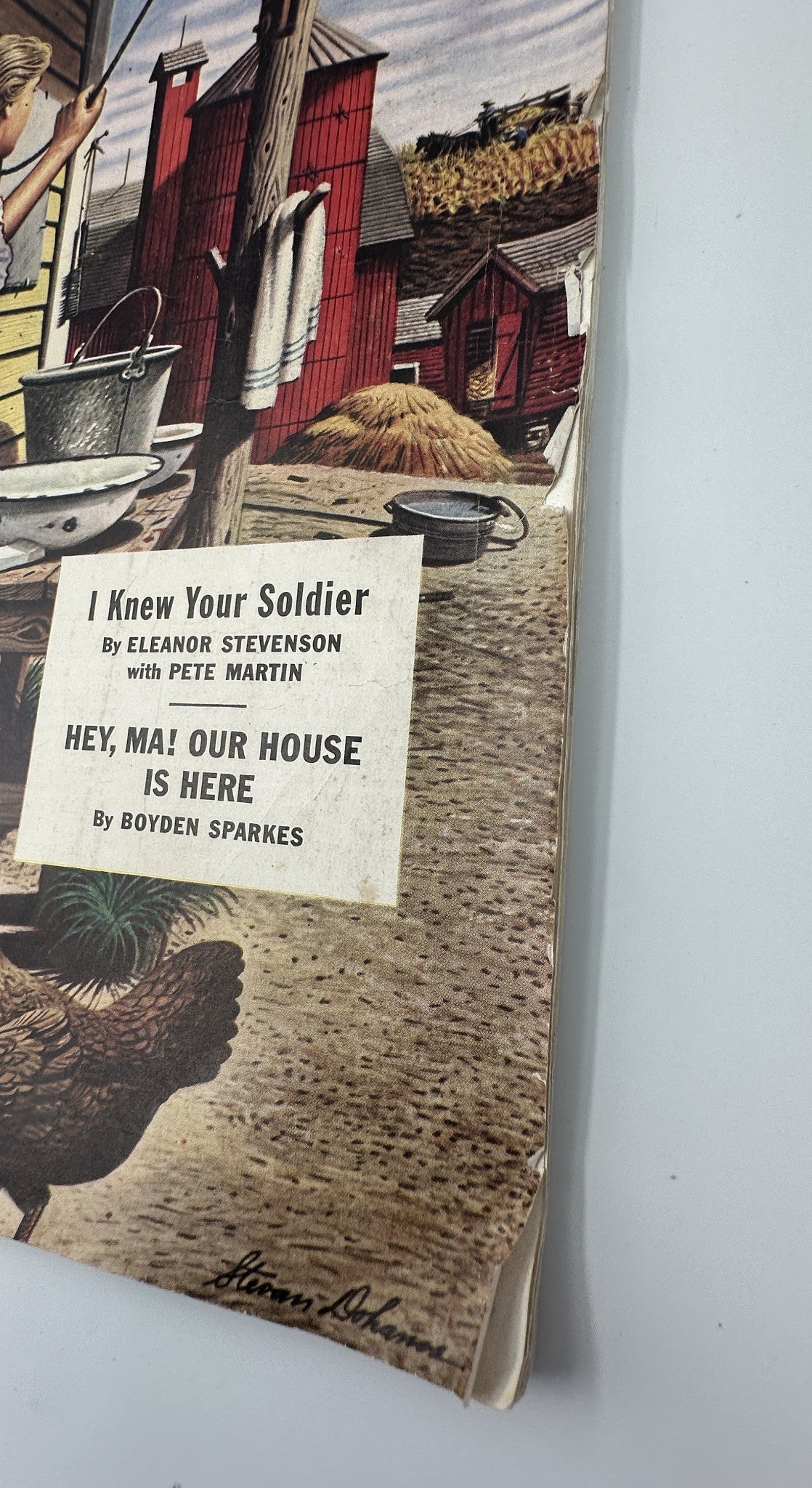 Close-up view of the Saturday Evening Post Magazine cover from October 21, 1944, highlighting the articles 'I Knew Your Soldier' by Eleanor Stevenson and 'Hey, Ma! Our House is Here' by Boyden Sparkes, showing detailed cover art.