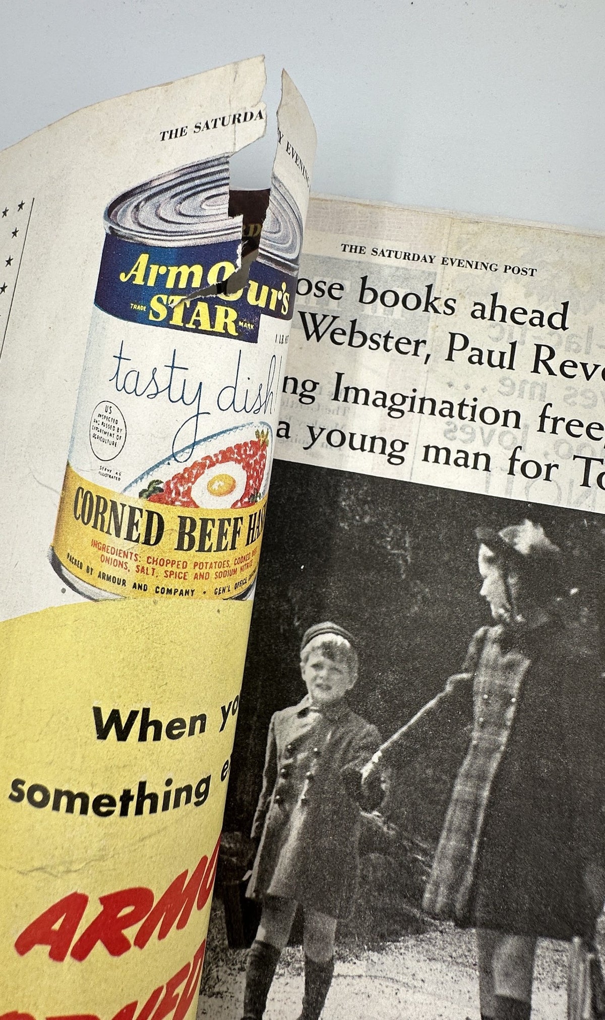 Inside page of the Saturday Evening Post Magazine from October 21, 1944 displaying an advertisement for Armour's Star Corned Beef Hash, creating a nostalgic connection to wartime publications.