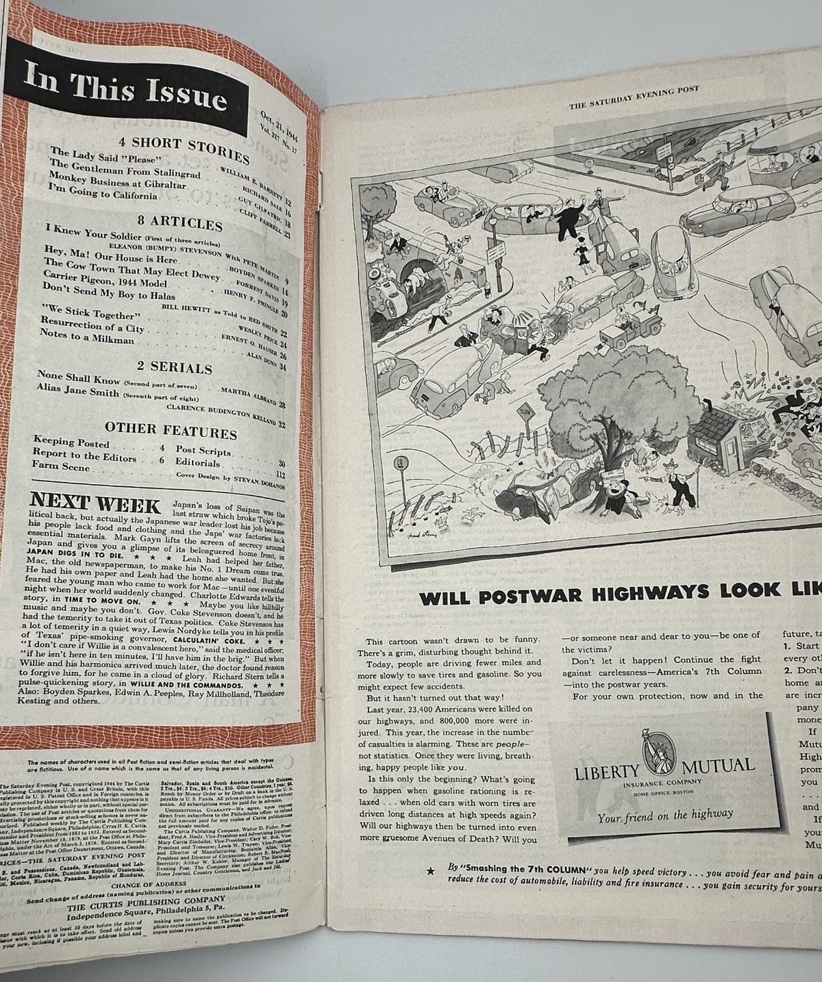 Interior page of the Saturday Evening Post Magazine from October 21, 1944, showcasing short stories and articles including 'I Knew Your Soldier.' The page features a detailed Table of Contents and a whimsical illustration related to postwar highways.