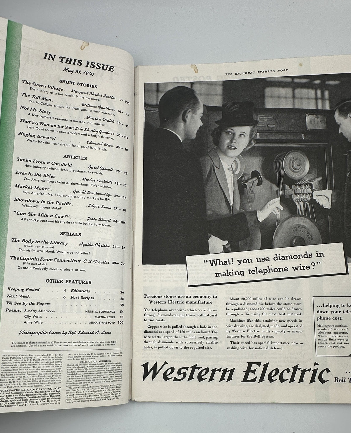 Inside page of The Saturday Evening Post Magazine May 31, 1941, showing the Table of Contents which includes short stories and articles, alongside a visual of a woman speaking to a man about making telephone wire.