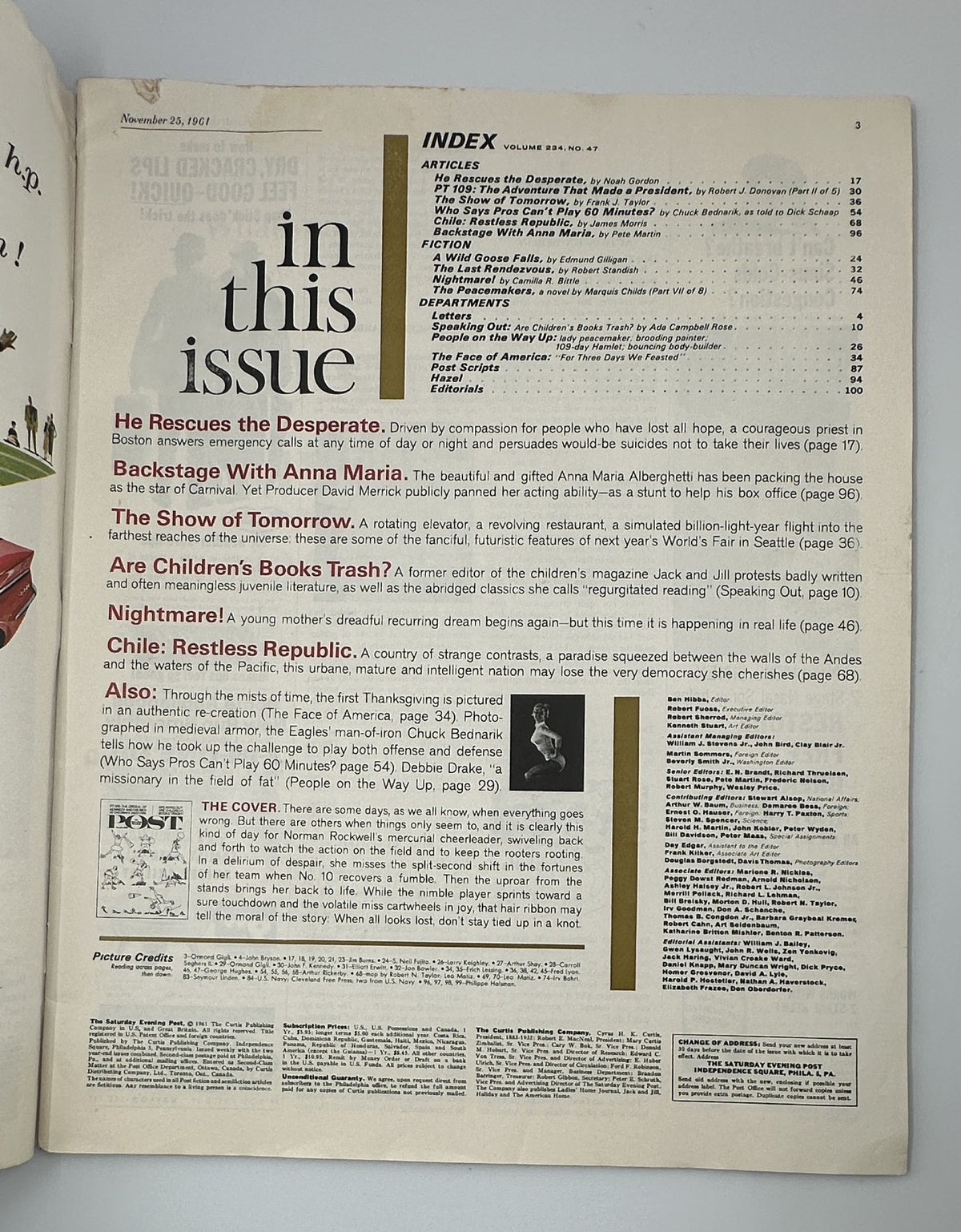 Index page from Saturday Evening Post Magazine November 25, 1961, listing articles including "He Rescues the Desperate" and "Are Children's Books Trash?".