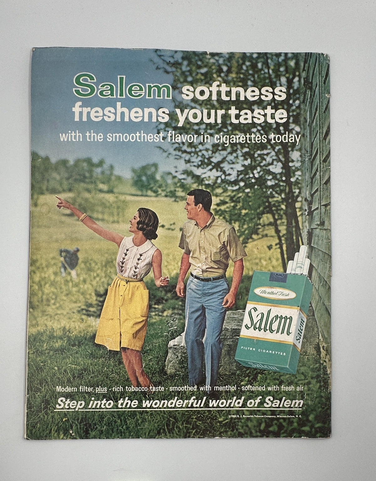Vintage advertisement for Salem cigarettes from the 1964 Saturday Evening Post Magazine. The ad emphasizes the freshness and smooth flavor of Salem cigarettes, showcasing a couple enjoying nature.
