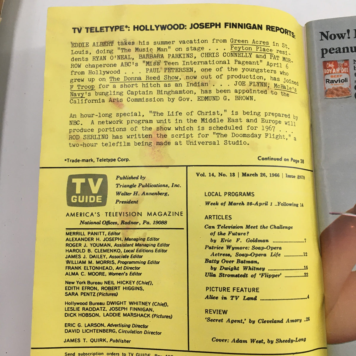 Inside page of TV Guide Magazine March 26 1966 Vol 14 #13 highlighting various television programs and articles, showcasing its significance in TV history.