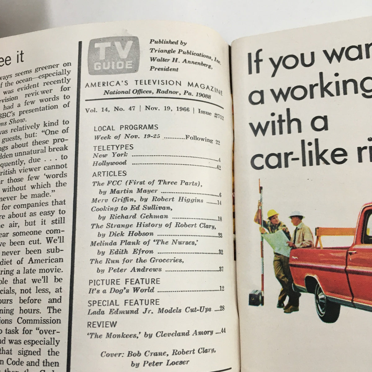 Interior page of TV Guide November 19 1966 detailing local programs and articles, emphasizing its role in American television history.