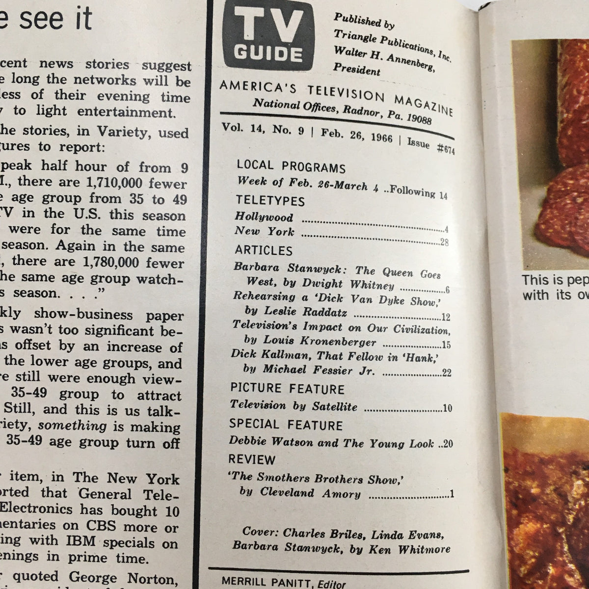 Inside page of TV Guide Magazine February 26 1966 displaying articles and contents, including features on Barbara Stanwyck and television programming.