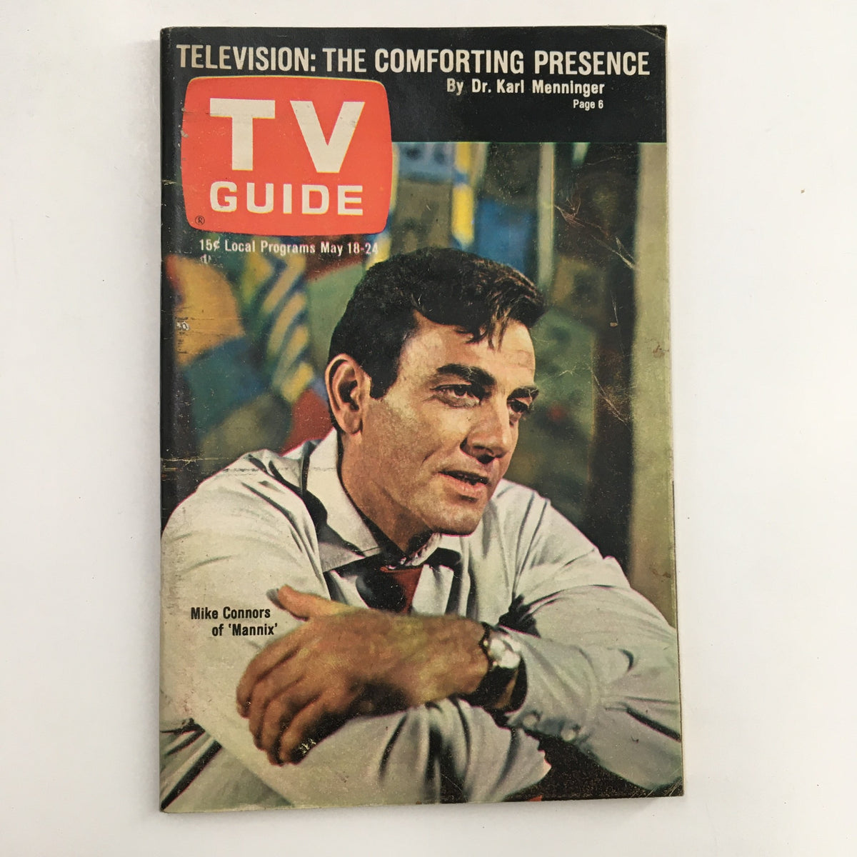 Cover of TV Guide Magazine May 18 1968 featuring Mike Connors of 'Mannix', showcasing television history with a vintage design.