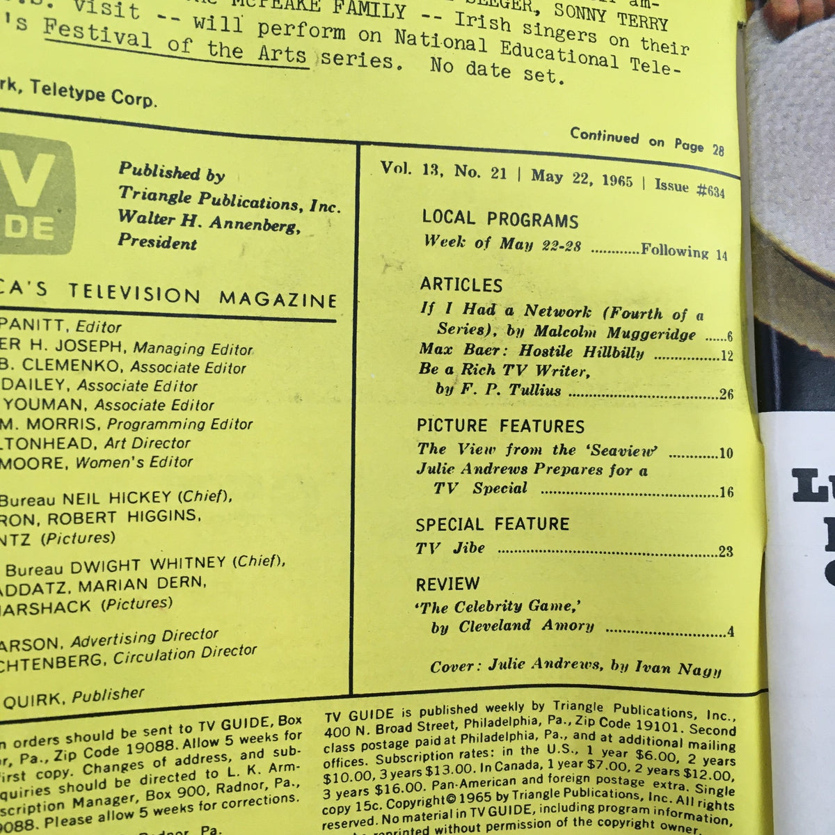 Inside page of TV Guide Magazine, May 22, 1965, displaying editorial content and articles including features about Julie Andrews. The page includes publication details and highlights of the magazine's TV coverage.