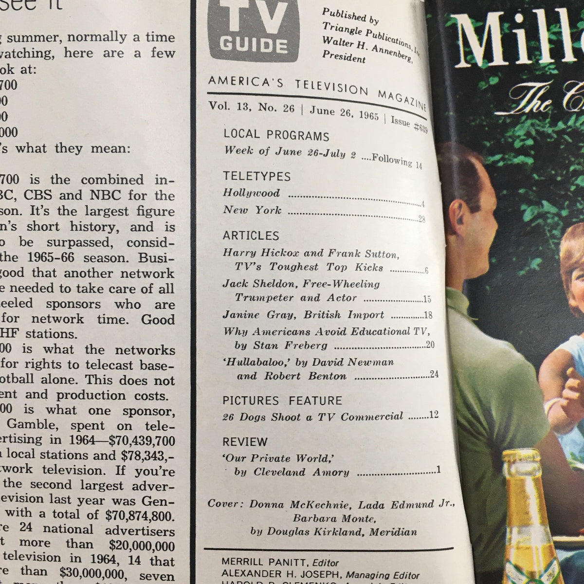 Inside page of TV Guide Magazine June 26 1965, displaying articles and features including 'Why Americans Avoid Educational TV' by Stan Freberg and sections on local television programs.