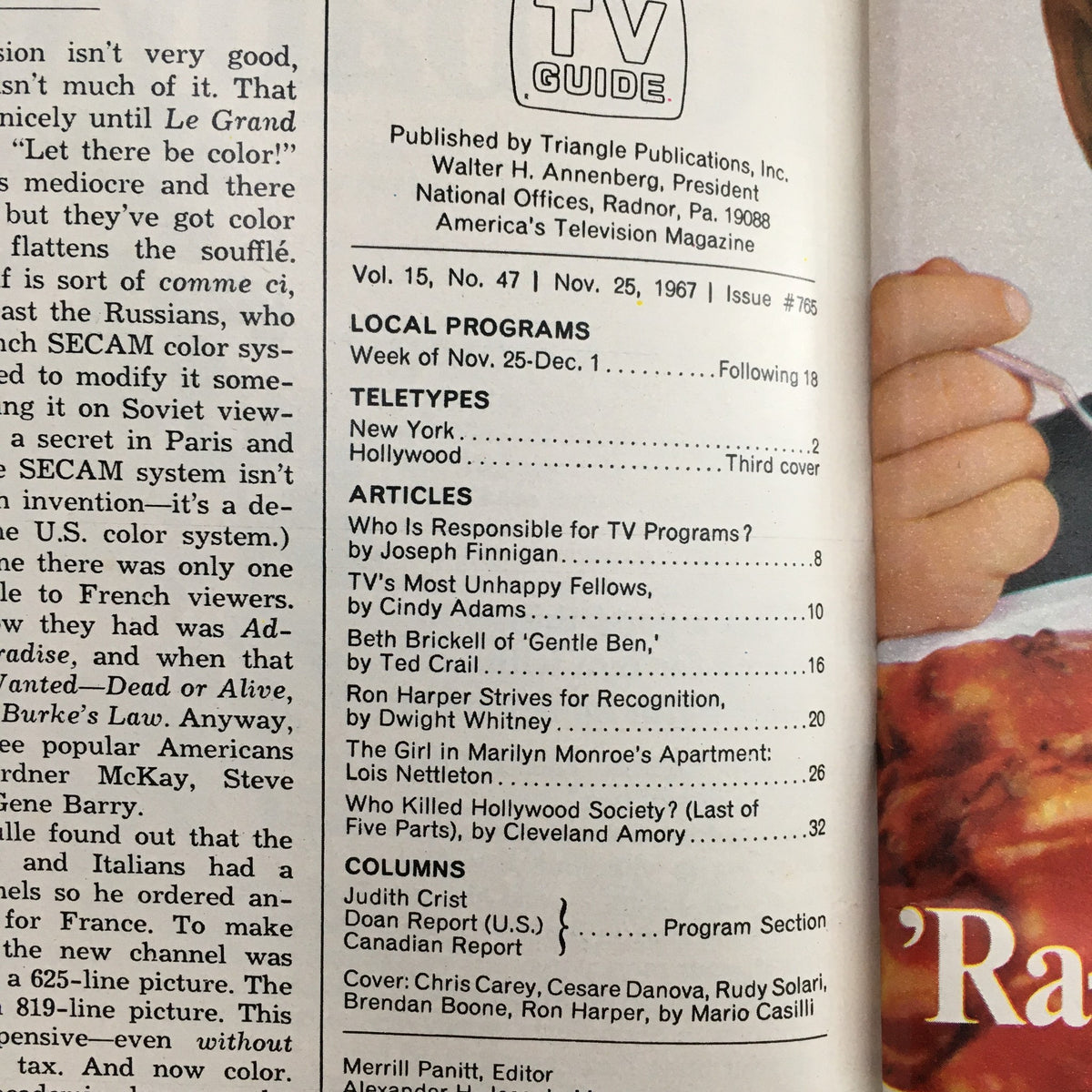 Inside page of TV Guide Magazine November 25, 1967, displaying articles and programming details, including notes on notable stars like Chris Carey and Ron Harper.