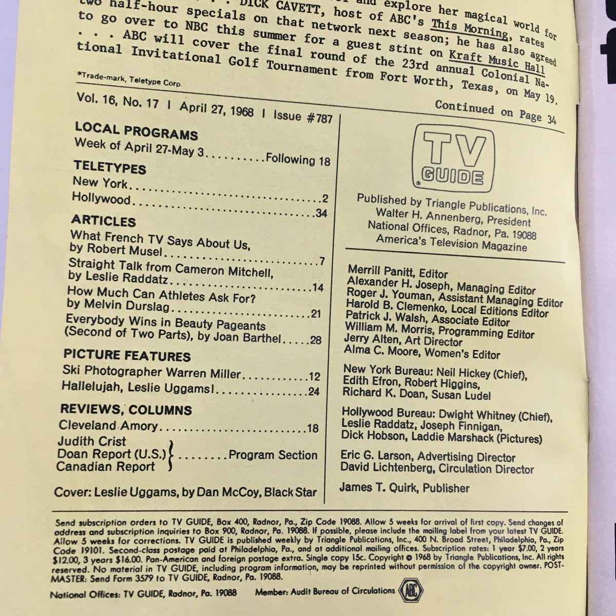 Inside page of TV Guide April 27 1968 showcasing articles and features including Leslie Uggams and TV programs of the week.