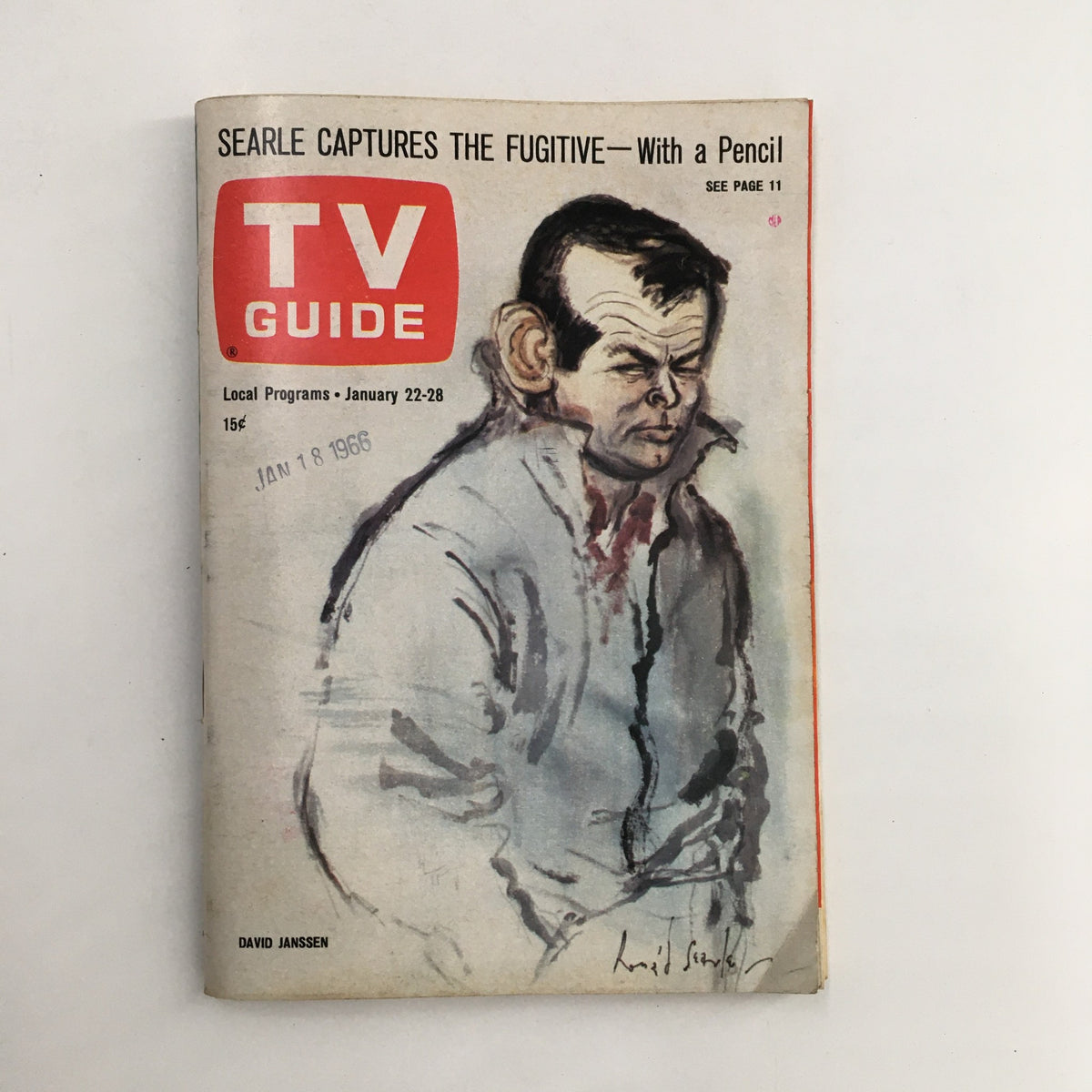 Cover of TV Guide Magazine January 22 1966 featuring David Janssen, illustrated portrait with the text 'SEARLE CAPTURES THE FUGITIVE—With a Pencil' and details of local programs.