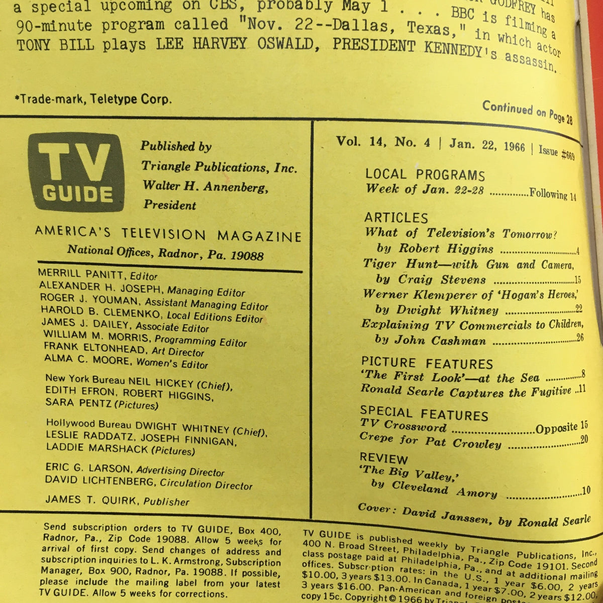 Interior page of TV Guide Magazine January 22 1966 showing the contents and articles, including a feature on David Janssen and the magazine's publication details.