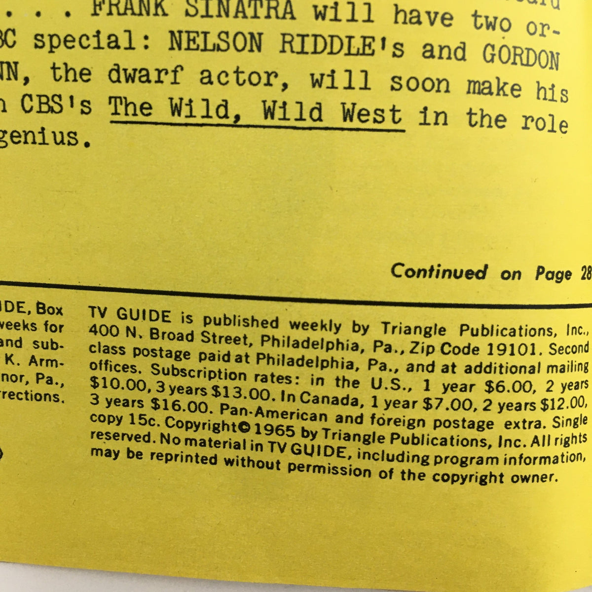 Rear cover of TV Guide October 16 1965 featuring subscription information and copyright details.