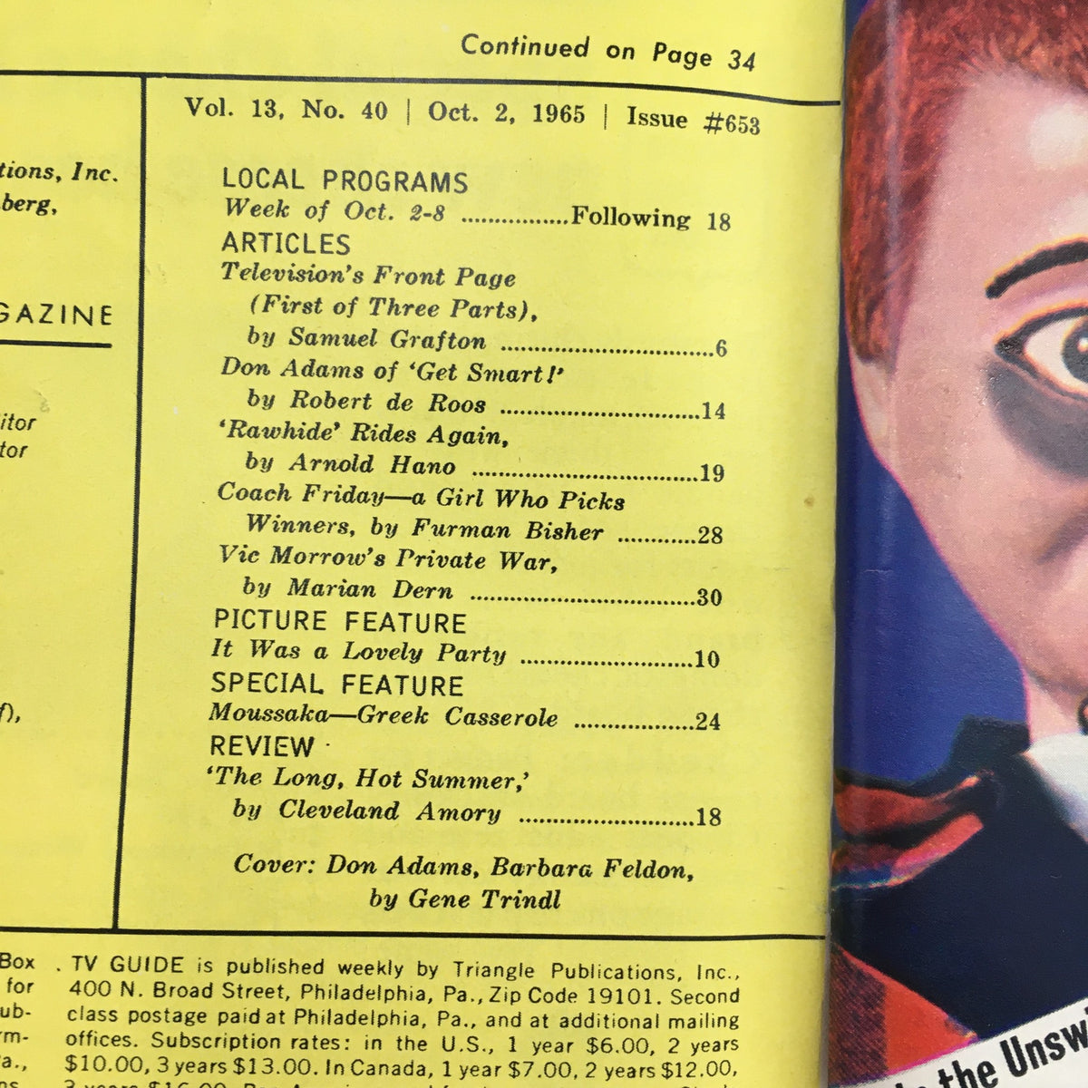Interior page of the TV Guide October 2 1965 listing local programs and articles, highlighting entertainment features from the era.
