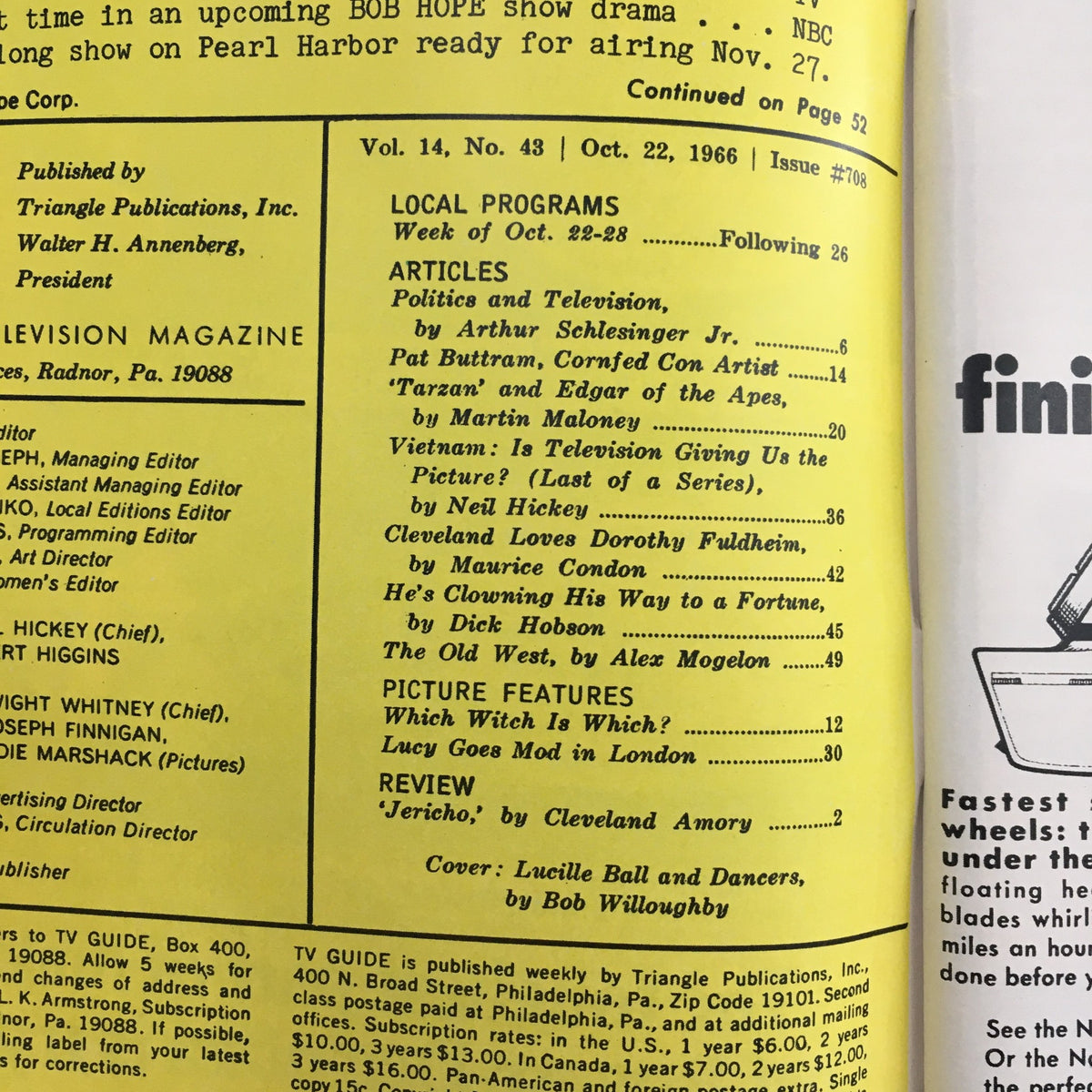Interior page of TV Guide Magazine October 22, 1966 displaying articles including 'Lucy Goes Mod in London', highlighting television history.
