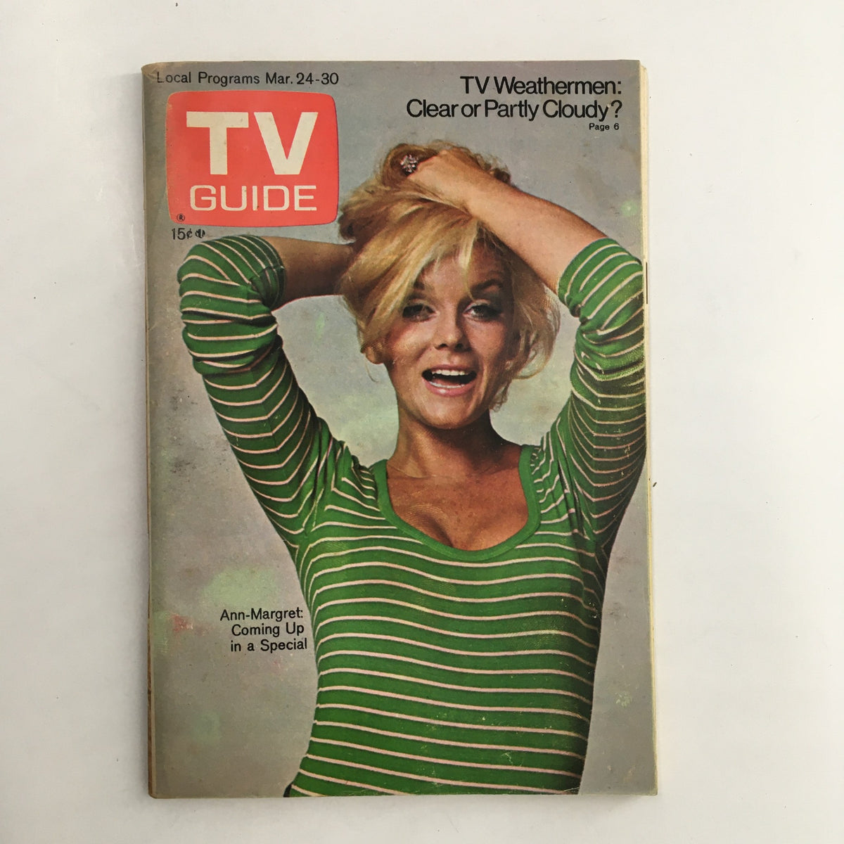 TV Guide Magazine March 24 1973 Ann-Margret Photo Cover showcasing a smiling Ann-Margret wearing a green striped shirt.