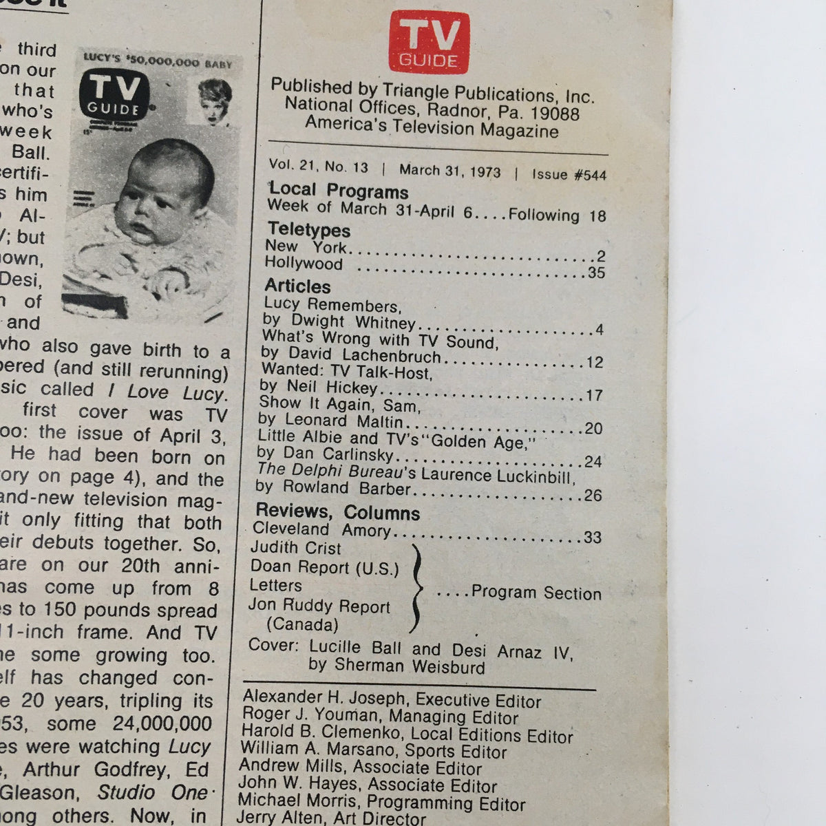 TV Guide Magazine March 31 1973 interior page, showcasing articles and local program listings. This page features content related to Lucille Ball and Desi Arnaz's influence on television, perfect for collectors and fans.