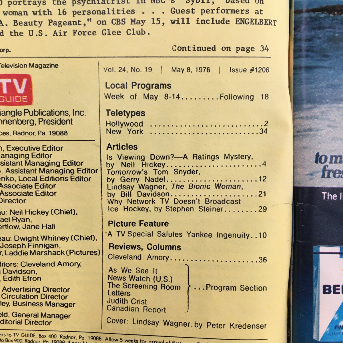 Inside page of TV Guide Magazine May 8, 1976, showcasing articles including Lindsay Wagner, The Bionic Woman, with details on local programming