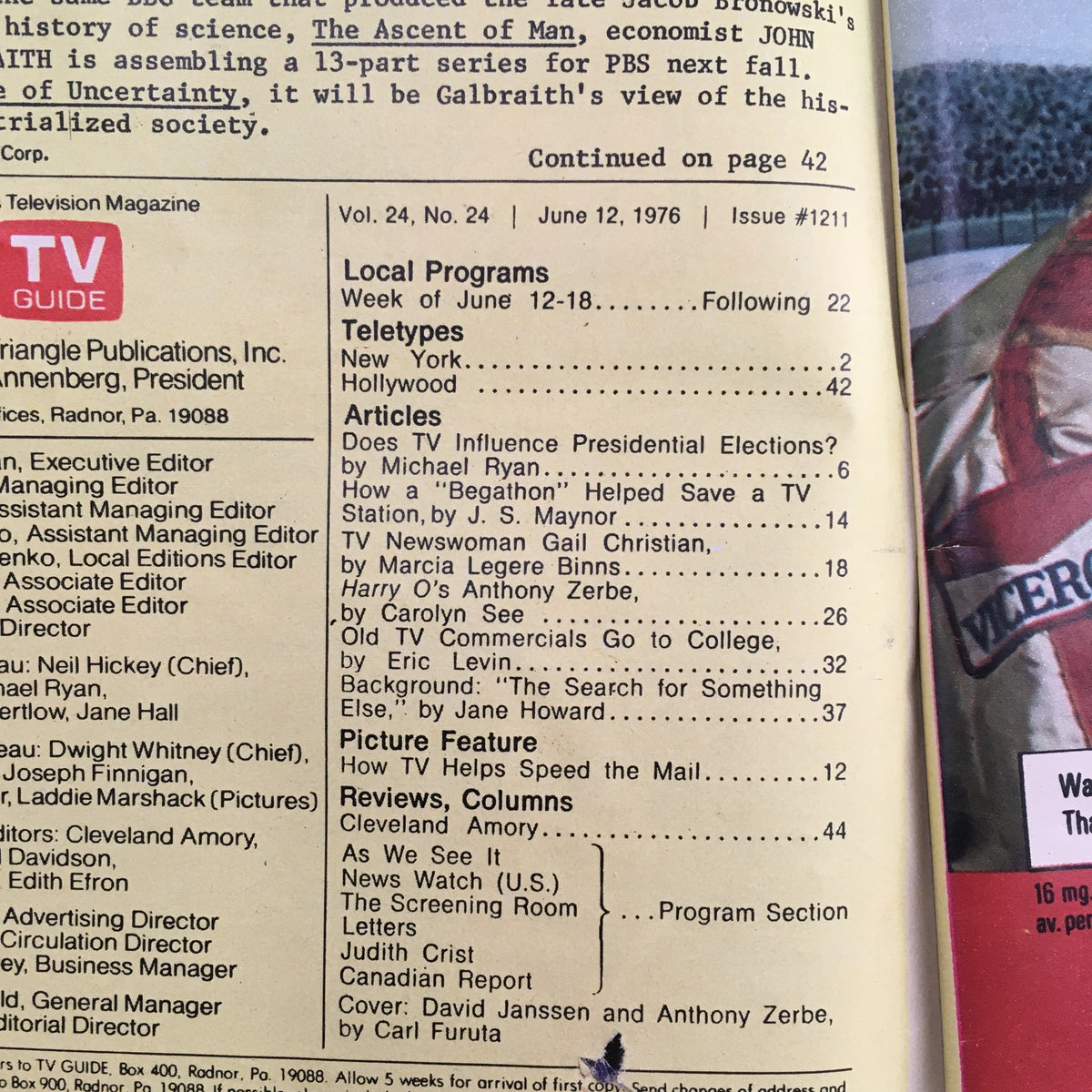 Inside page of TV Guide Magazine June 12 1976, listing local programs and articles including references to David Janssen and Anthony Zerbe.