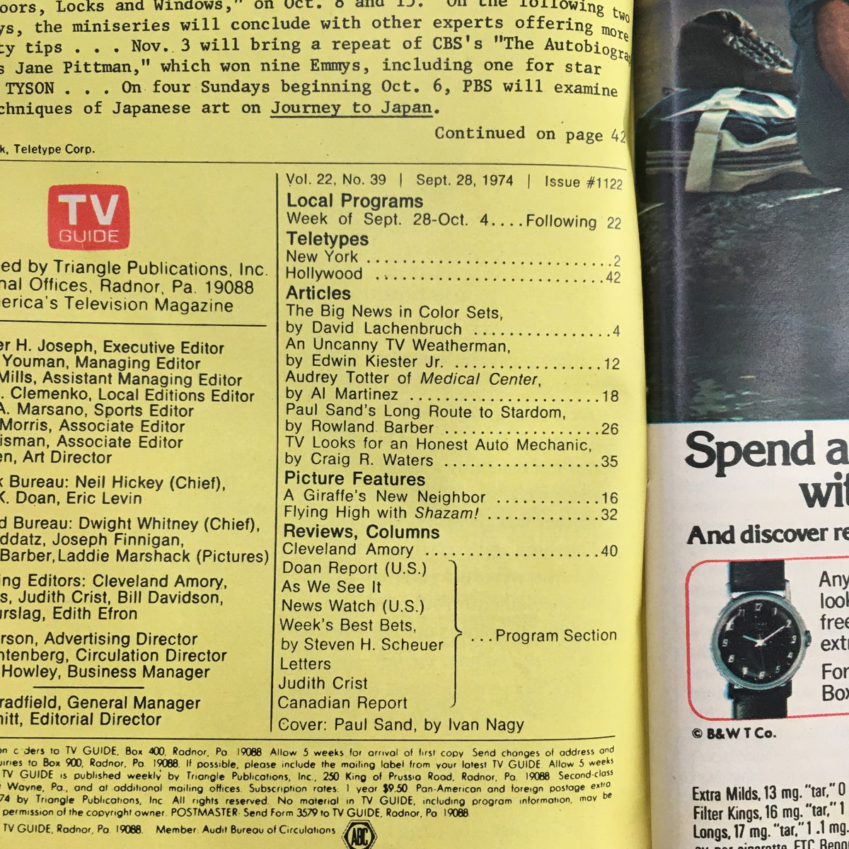 Inside page of TV Guide September 28 1974, displaying editorial content and articles, including a feature on Paul Sand, along with local program listings from the mid-1970s.