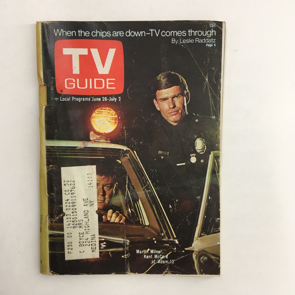 Cover of TV Guide Magazine June 26 1971 featuring Martin Milner and Kent McCord from Adam-12, showing an image of Milner in a police car.