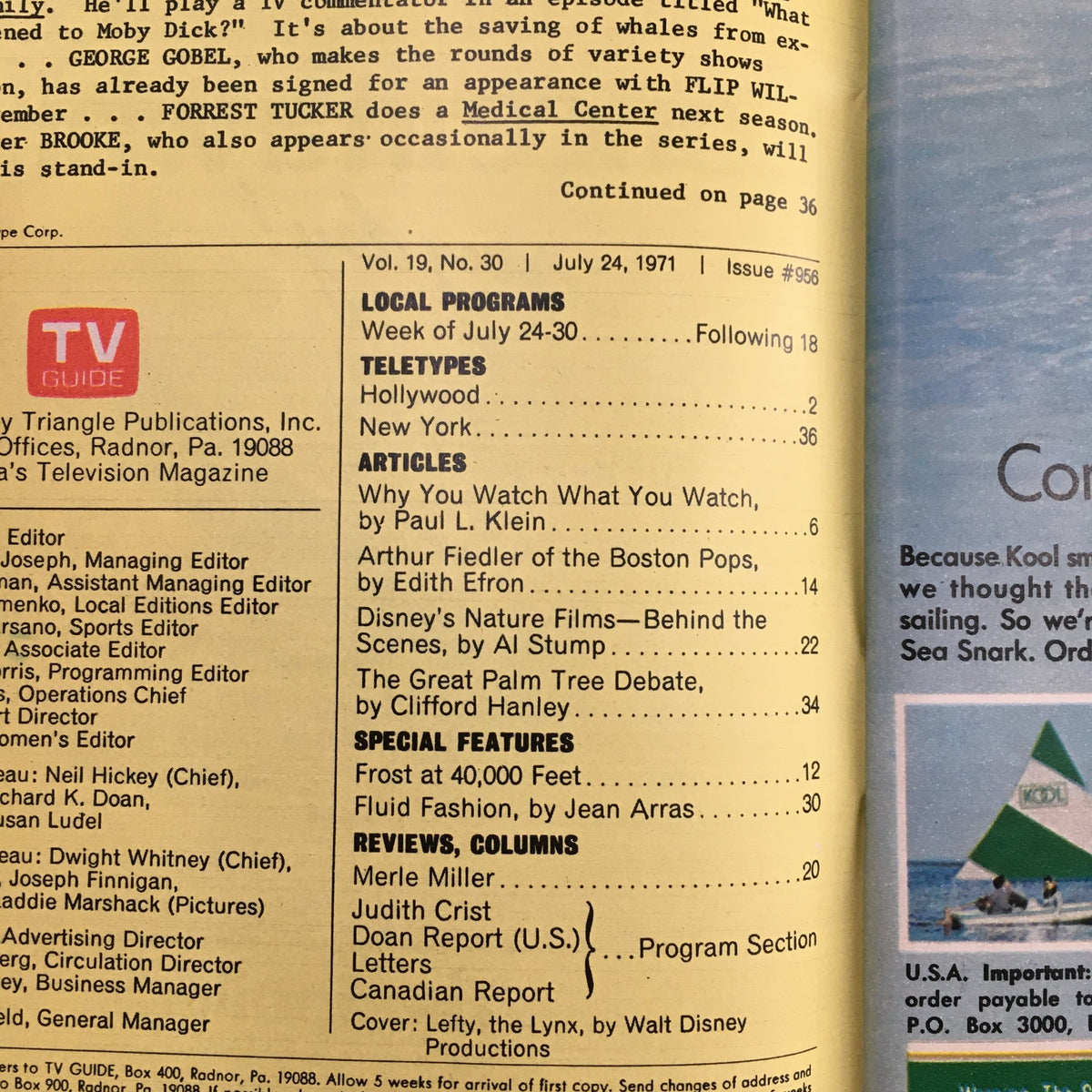 Interior page of the TV Guide Magazine July 24 1971 displaying program listings and articles including 'Why You Watch What You Watch' and details about Disney's nature films.