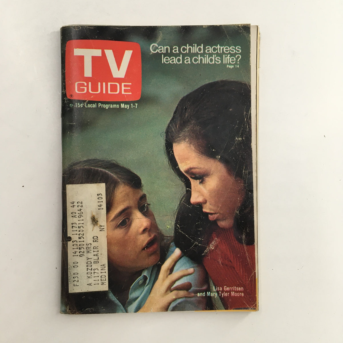 Cover of TV Guide Magazine from May 1, 1971, featuring Lisa Gerritsen and Mary Tyler Moore with an address label, showcasing pop culture from the 1970s.
