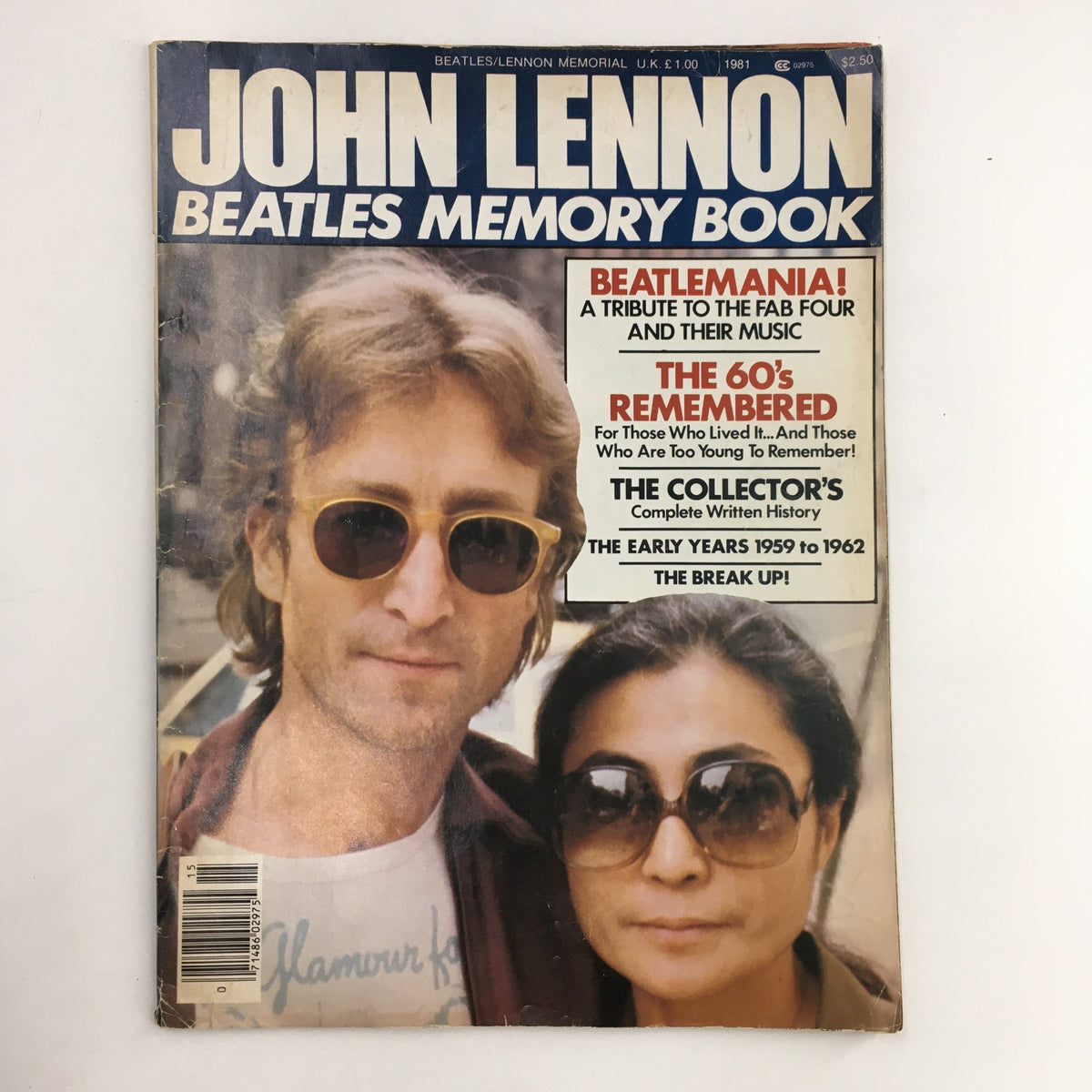 1981 John Lennon Memorial & Beatles Memory Book featuring Yoko Ono on the cover. The magazine showcases iconic imagery of John Lennon and offers insights into the Beatles' legacy. Perfect for collectors of music memorabilia.