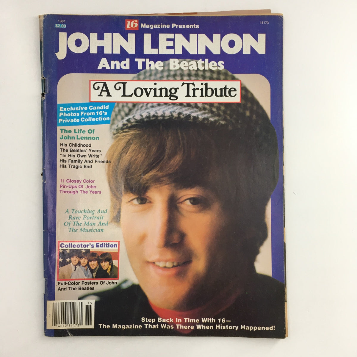 Cover of '16 Magazine Presents 1981 John Lennon and The Beatles: A Loving Tribute', showcasing John Lennon with a hat and features key articles including 'The Life of John Lennon' and exclusive photos.