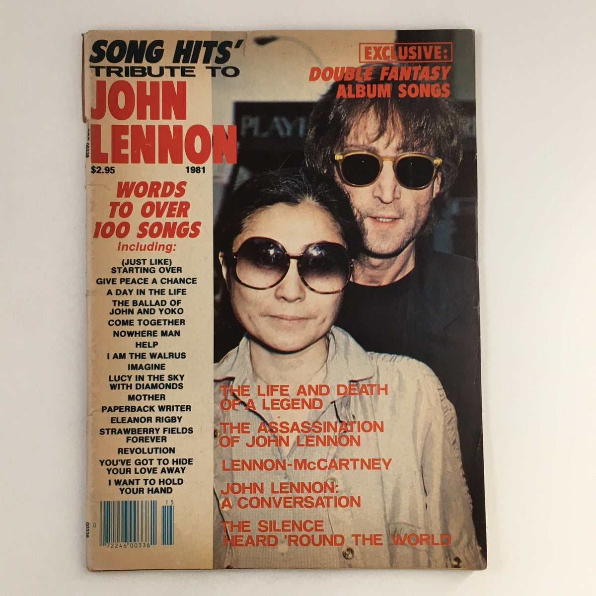 Cover of Song Hits' 1981 Tribute to John Lennon featuring John Lennon and Yoko Ono, highlighting hits and a nostalgic glimpse of music history.
