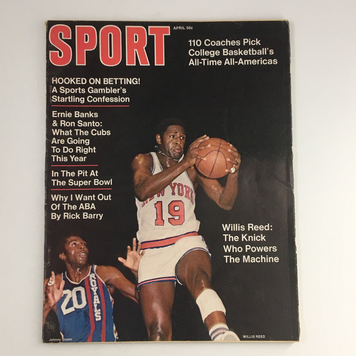 Cover of Sport Magazine April 1970 Vol 49 #4, featuring Willis Reed and Ernie Banks. The magazine highlights topics like college basketball and sports betting, showcasing Reed in action with the Knicks.