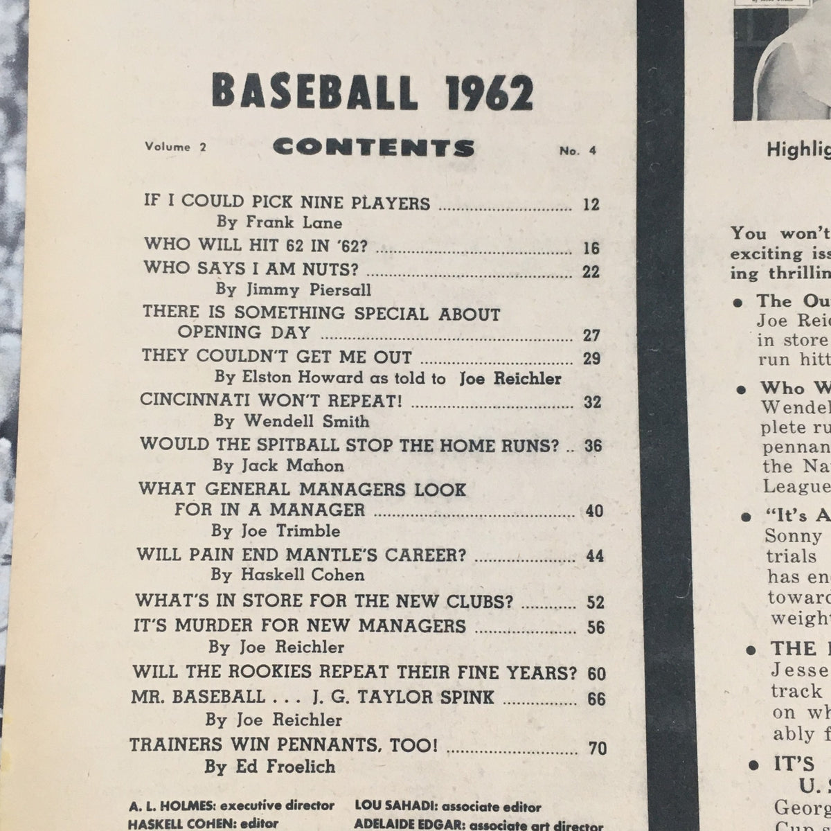 Contents page of Complete Sports Baseball Magazine Vol 2 #4 1962, detailing articles including player picks, managerial insights, and special features related to baseball.