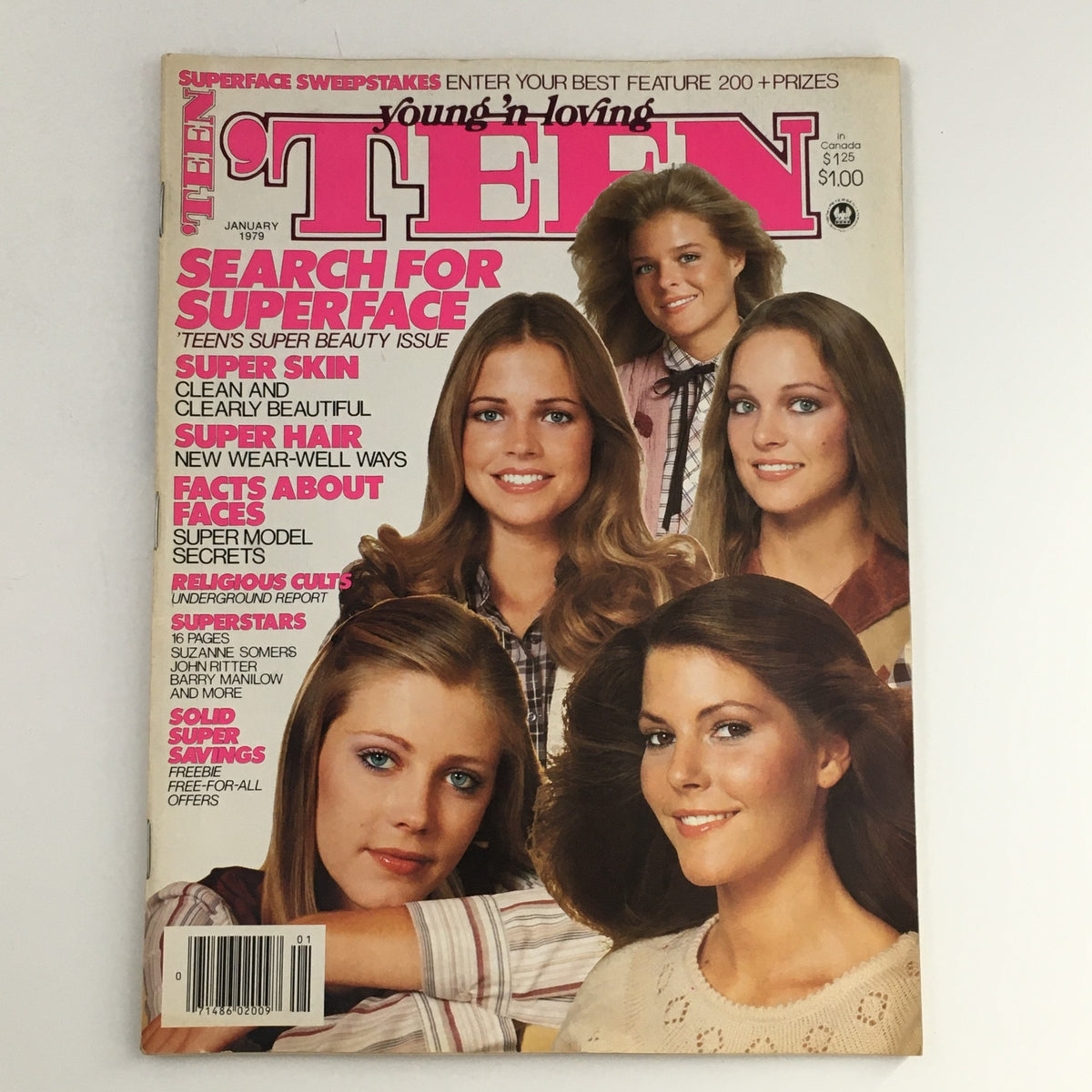 Teen Magazine January 1979 Cover featuring models in stylish attire, showcasing the beauty issue with themes of super skin and hair, along with articles on celebrities like Suzanne Somers and Barry Manilow.
