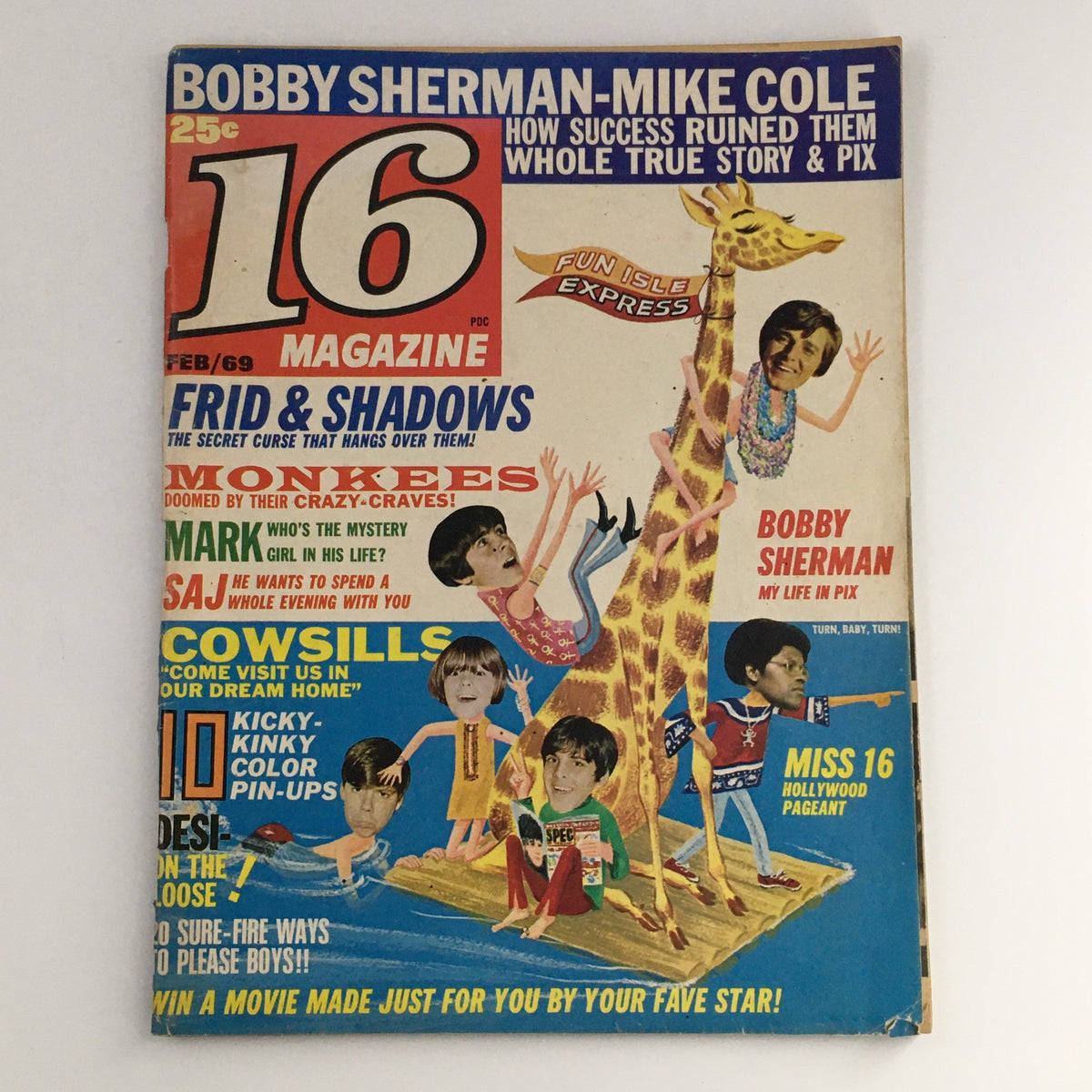 Cover of the February 1969 issue of 16 Magazine featuring Bobby Sherman and Mike Cole, showcasing vibrant colors and playful design, highlighting pop culture from the late 1960s.