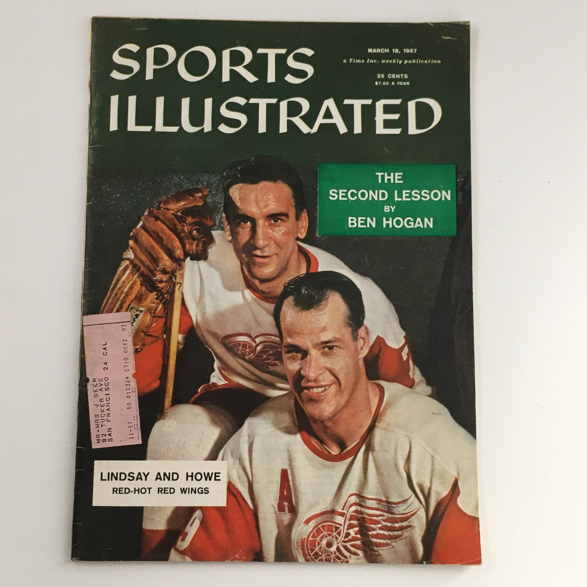 Cover of Sports Illustrated Magazine March 18 1957 featuring Ted Lindsay and Gordie Howe from the Detroit Red Wings, showcasing the iconic hockey players with vintage design elements.