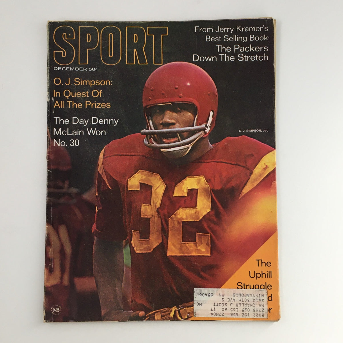 Sport Magazine December 1968 featuring O.J. Simpson on the cover, with the headline discussing his quest for prizes and mentions Denny McLain and Jerry Kramer.