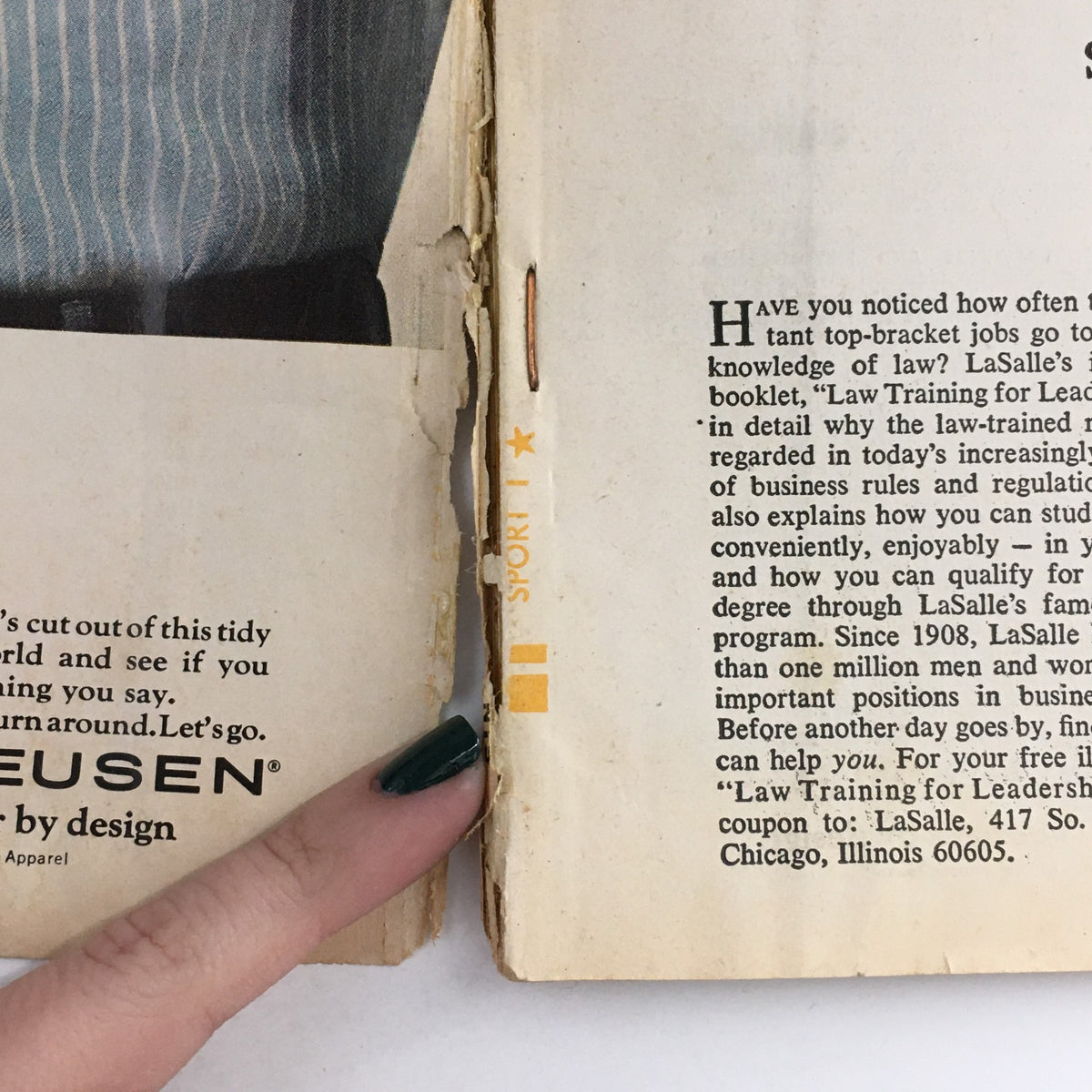 Another inside page of Sport Magazine September 1965 showing the magazine's spine and details about its publication.