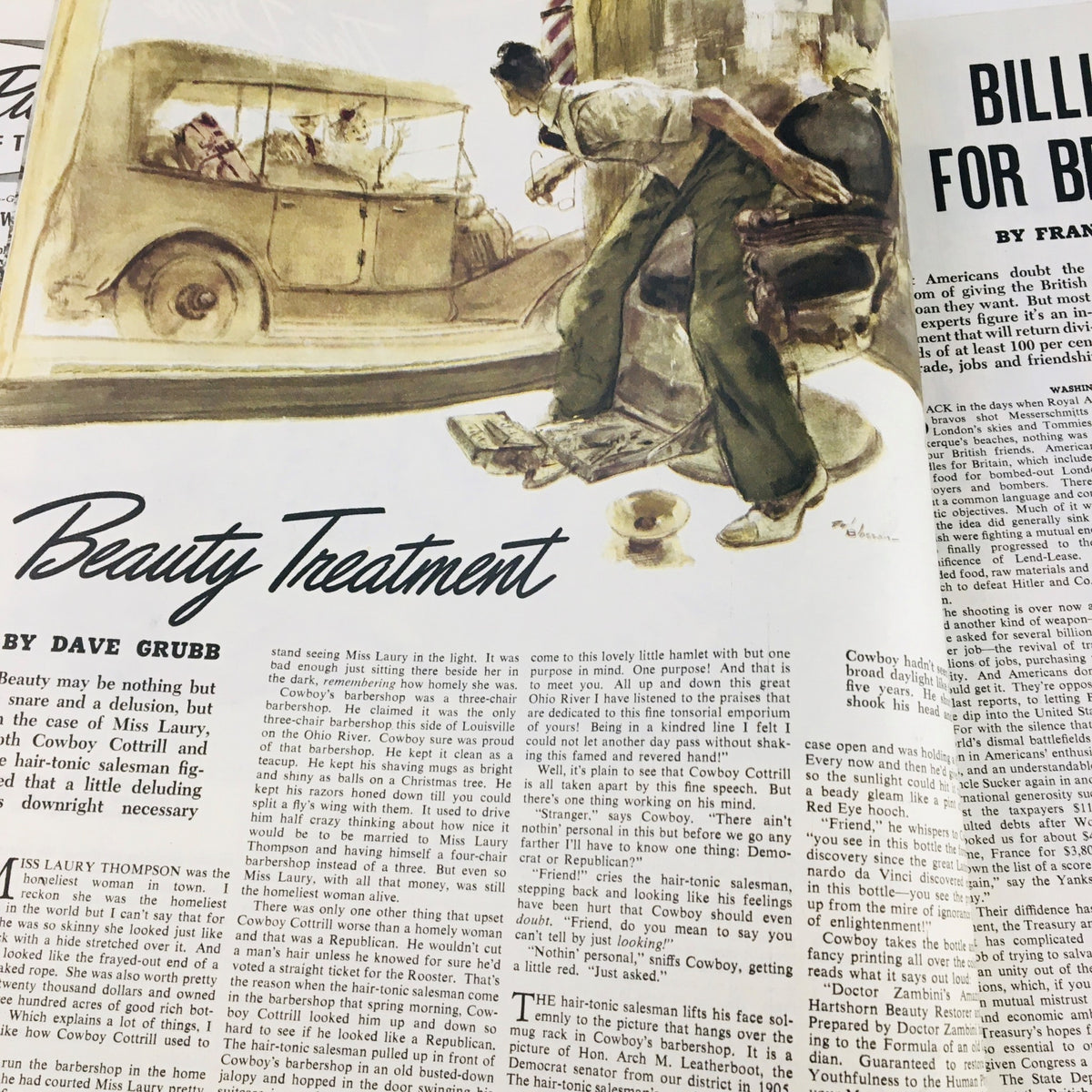 Collier's Magazine December 22, 1945, article 'Beauty Treatment' by Dave Grubb, showcasing a vintage barber shop scene.
