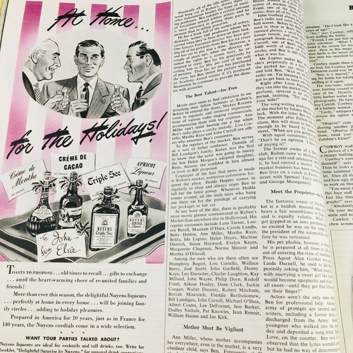 Collier's Magazine December 22, 1945, advertisement for holiday liqueurs and spirits, featuring colorful graphics and festive themes.