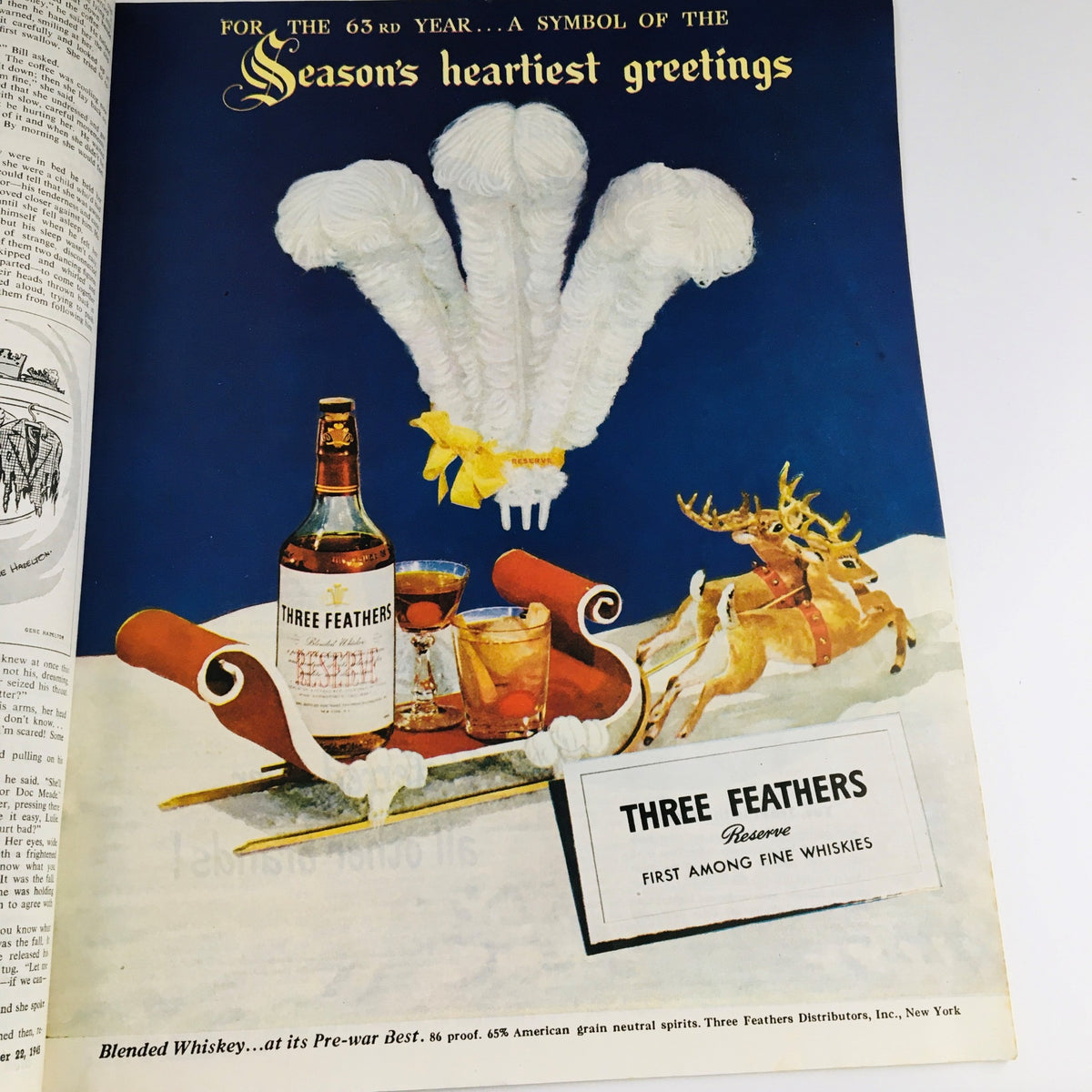 Collier's Magazine December 22 1945 featuring an advertisement for Three Feathers whiskey with a holiday theme and festive decorations.