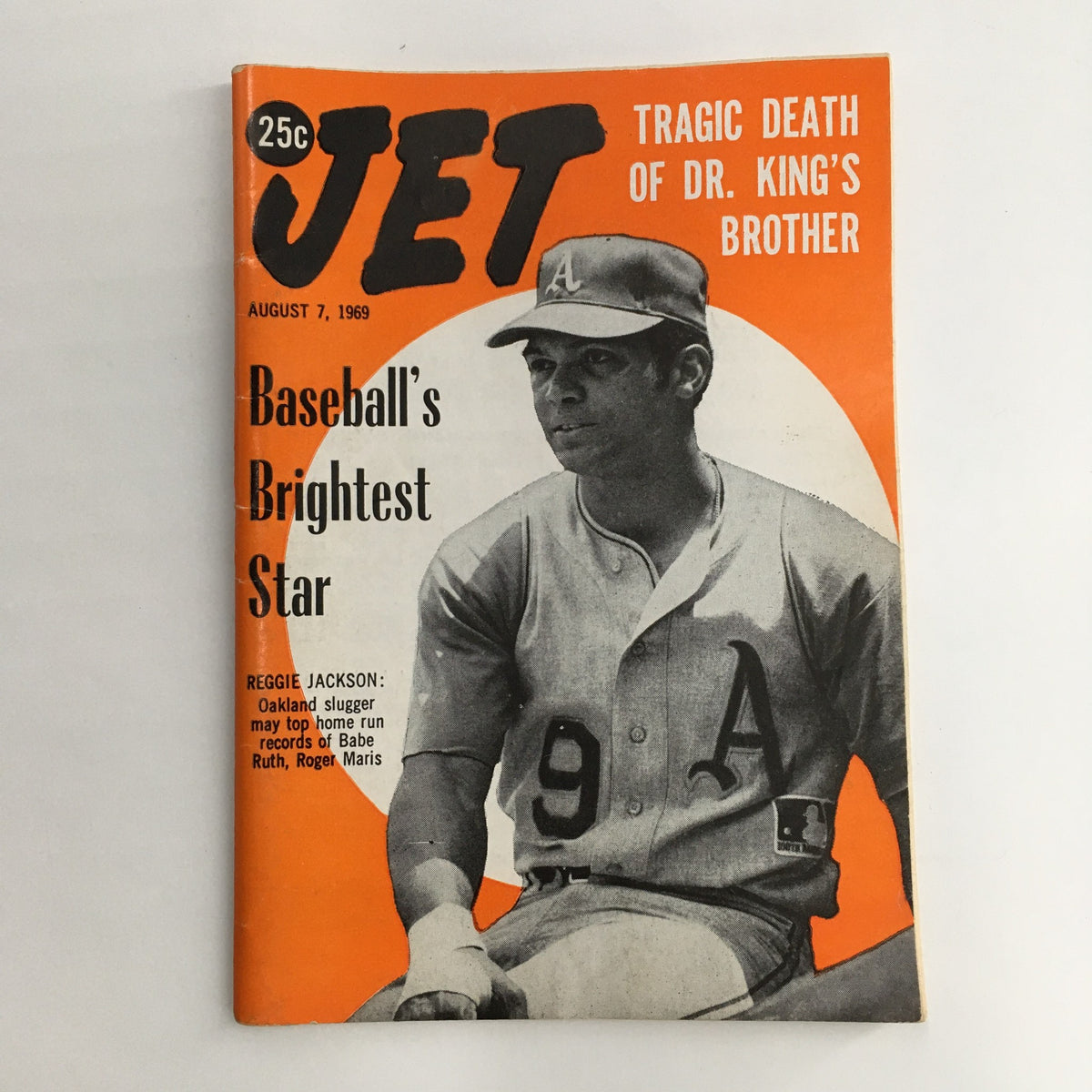Jet Magazine from August 7, 1969 featuring Reggie Jackson as Baseball's Brightest Star on the cover, showcasing vintage sports memorabilia.