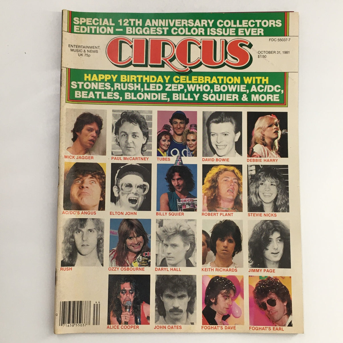 Cover of Circus Magazine October 31 1981 featuring Mick Jagger, Paul McCartney, Tubes, David Bowie, and more. Celebrating the 12th anniversary with iconic rock and pop artists.